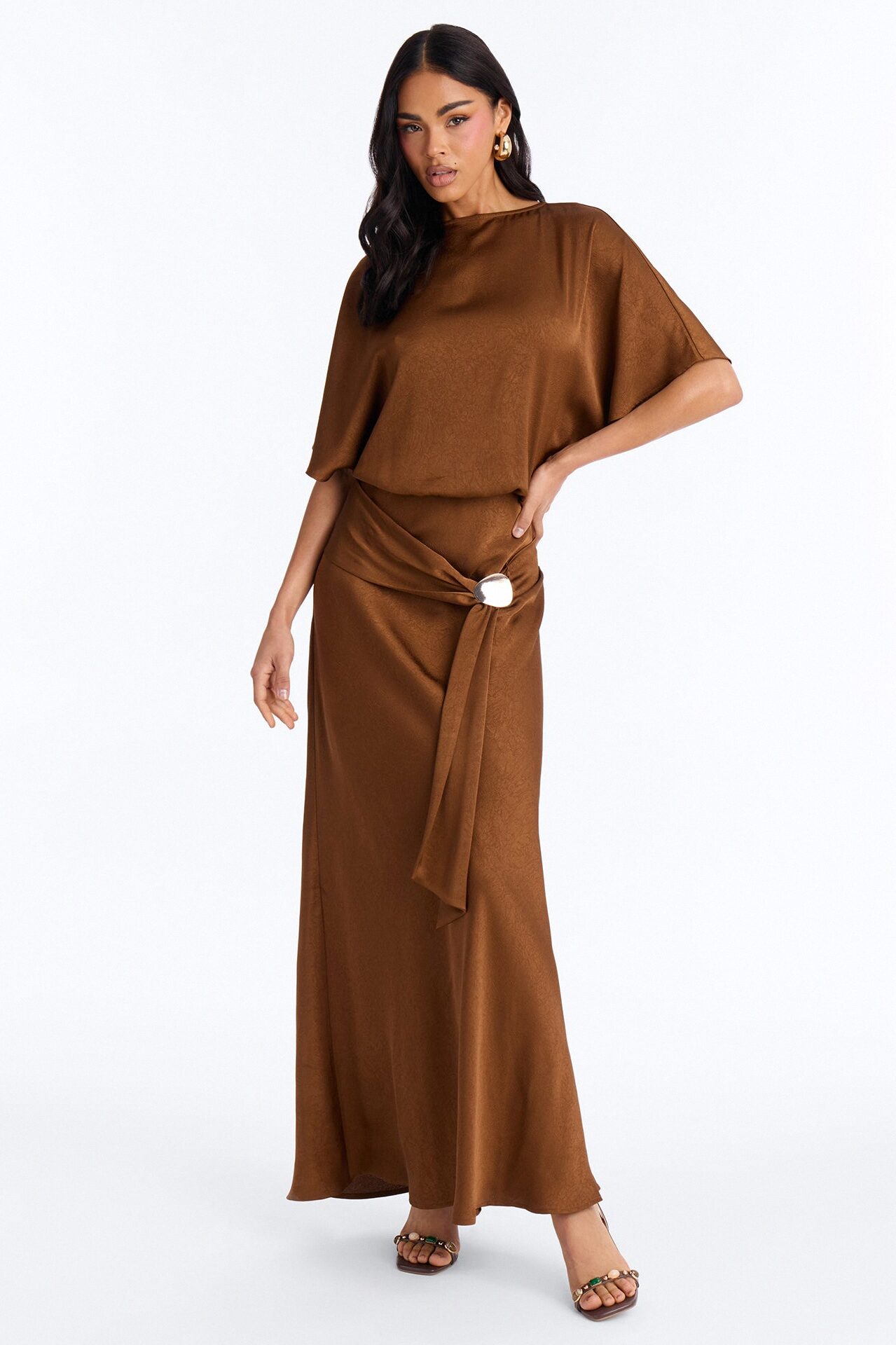 Golden Hour Short Sleeve Satin Maxi Dress - Chocolate