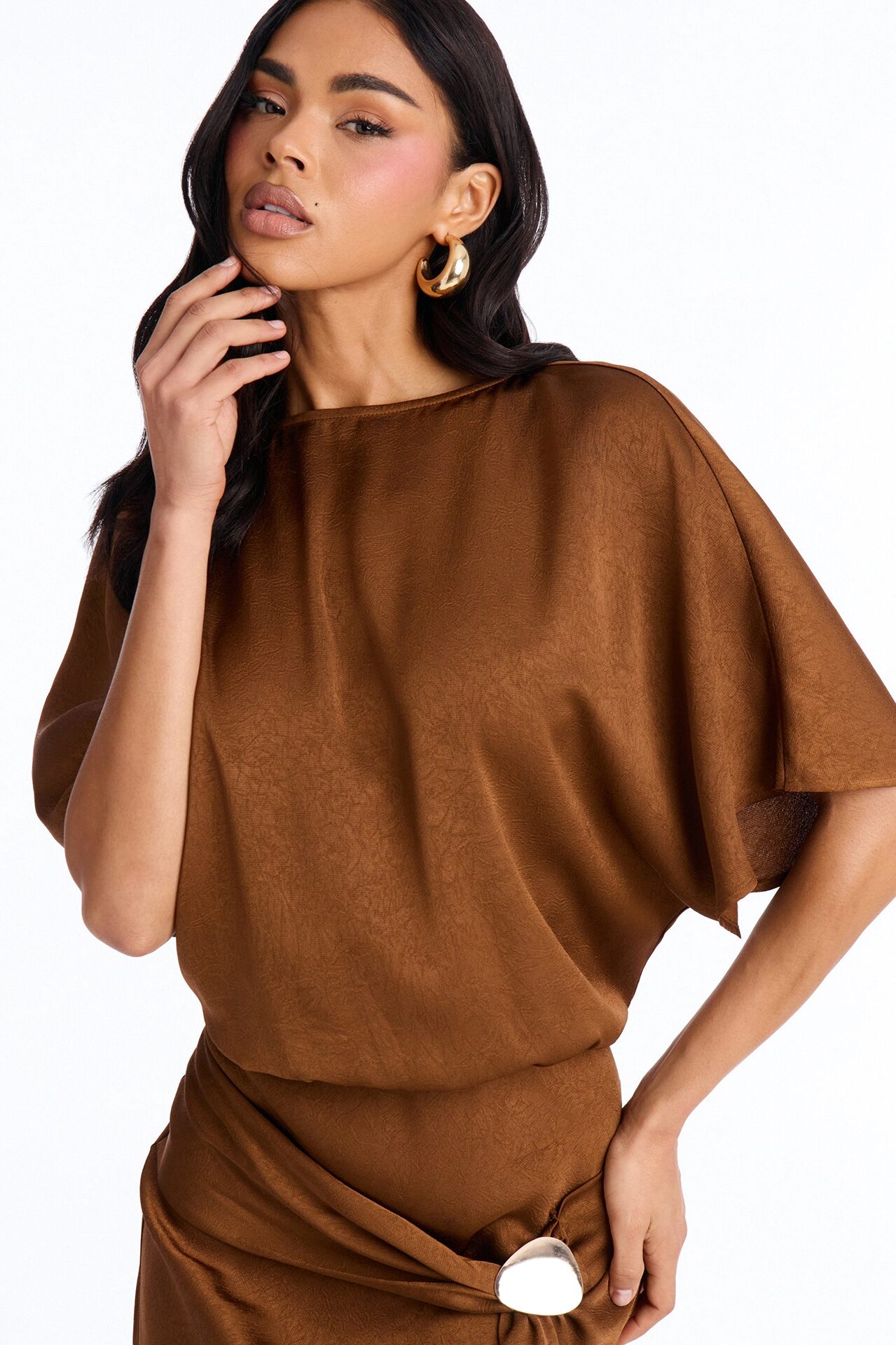 Golden Hour Short Sleeve Satin Maxi Dress - Chocolate