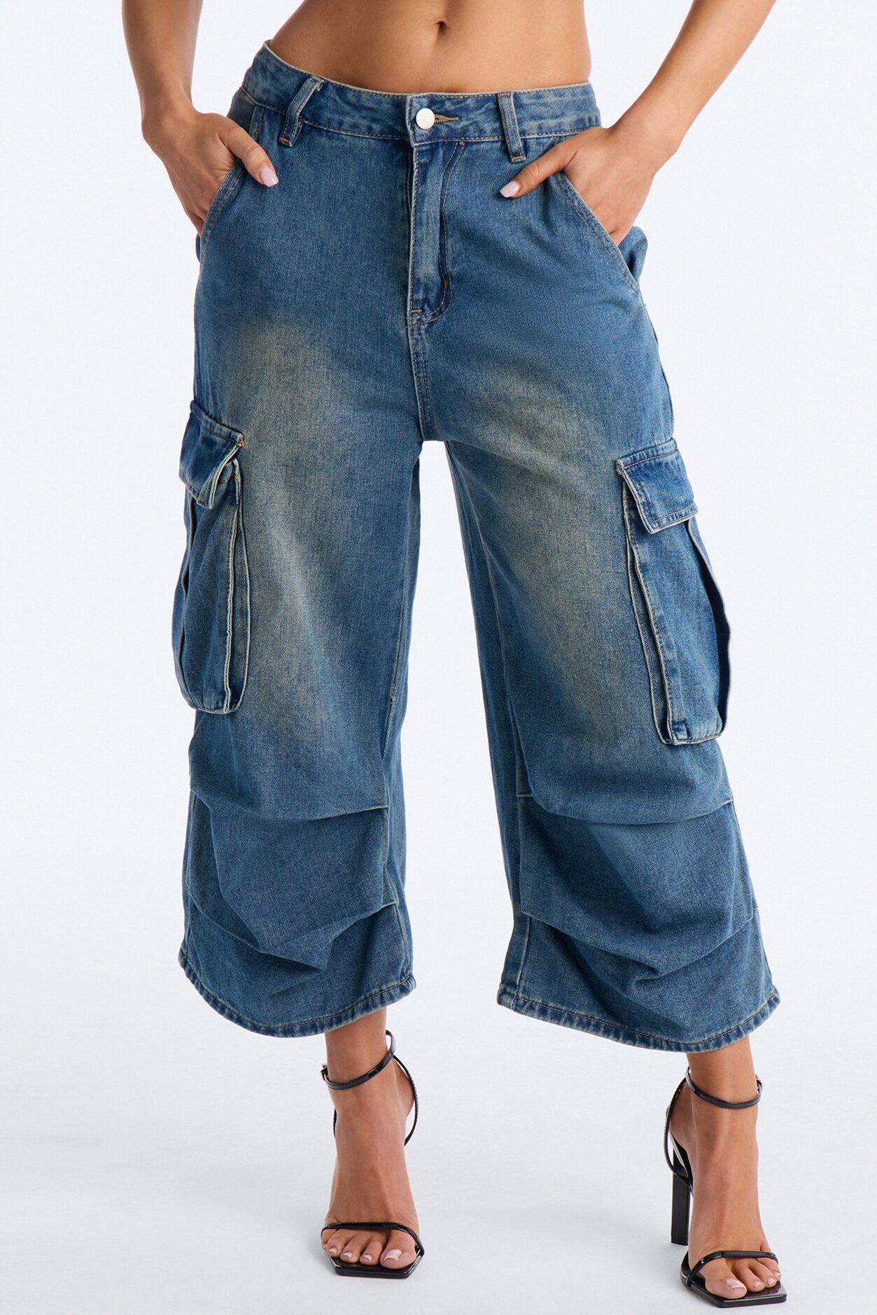 Sunset Junction Baggy Cropped Cargo Jeans - Vintage Wash