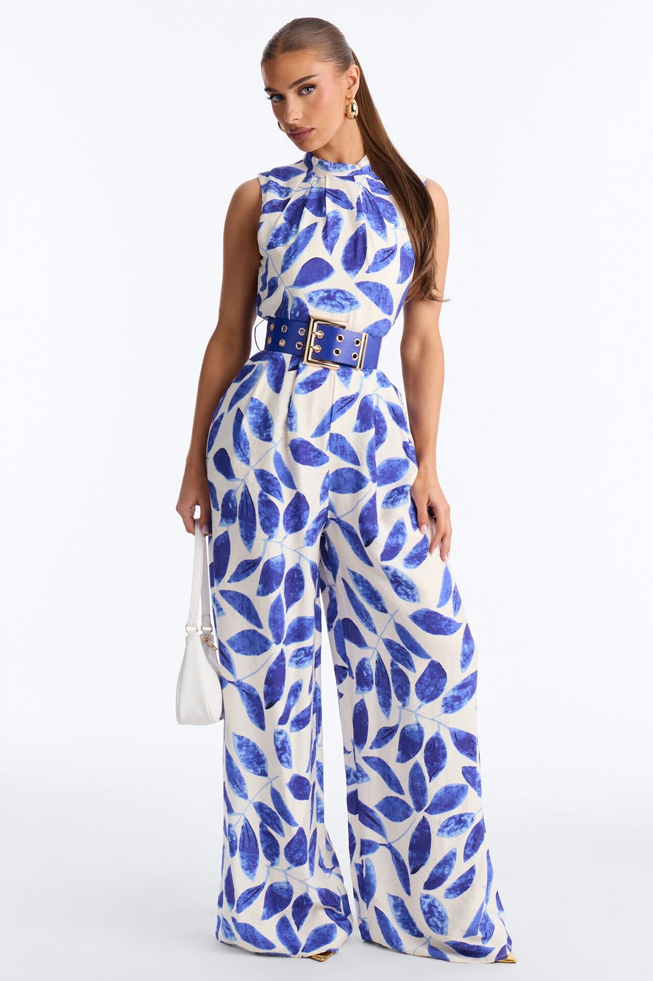 Meena Belted High Neck Jumpsuit - Blue