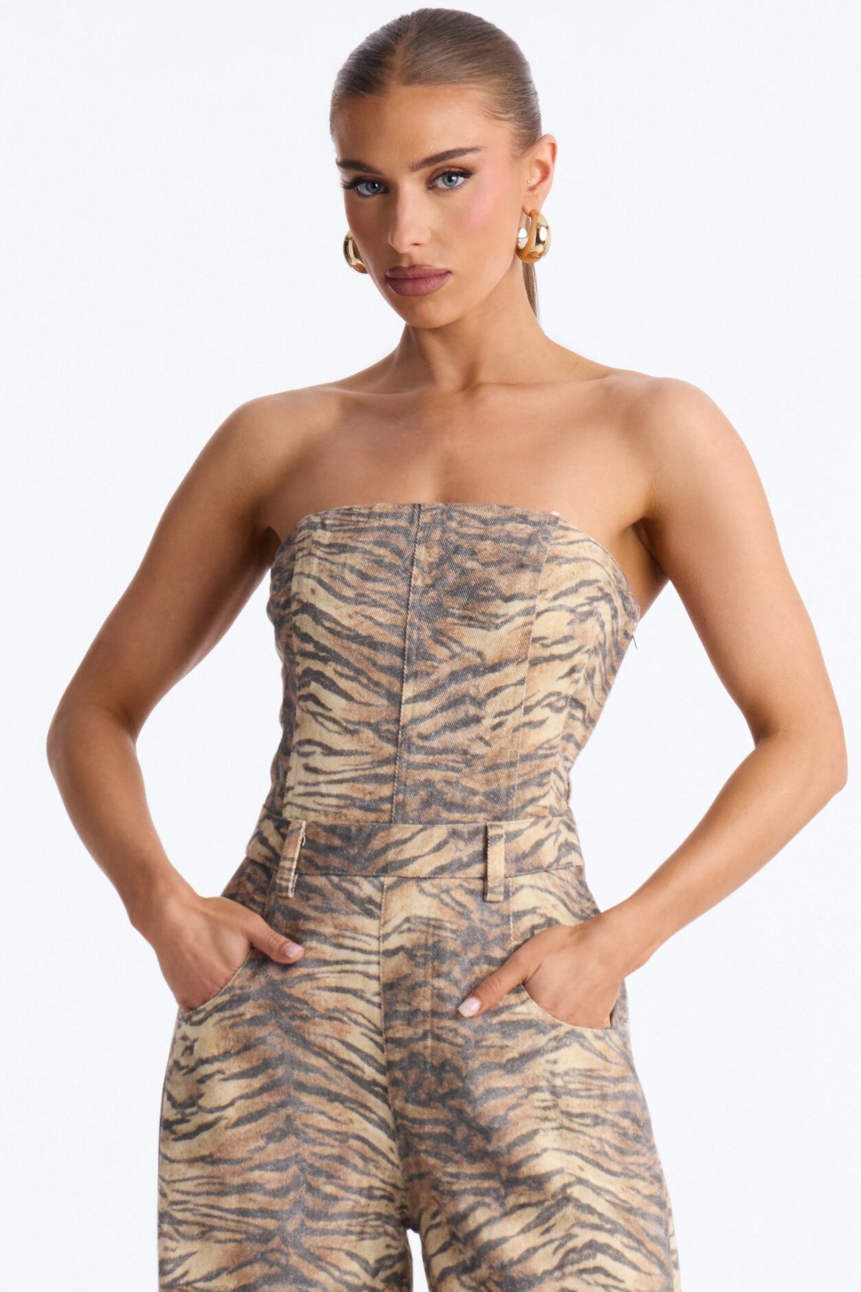 Urban Safari Denim Wide Leg Jumpsuit - Brown