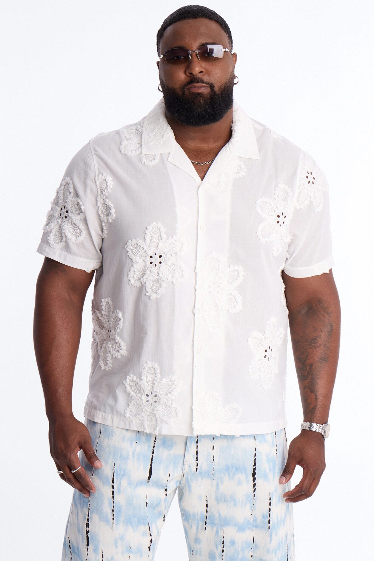 Dusty Bloom Cuban Collar Shirt - White