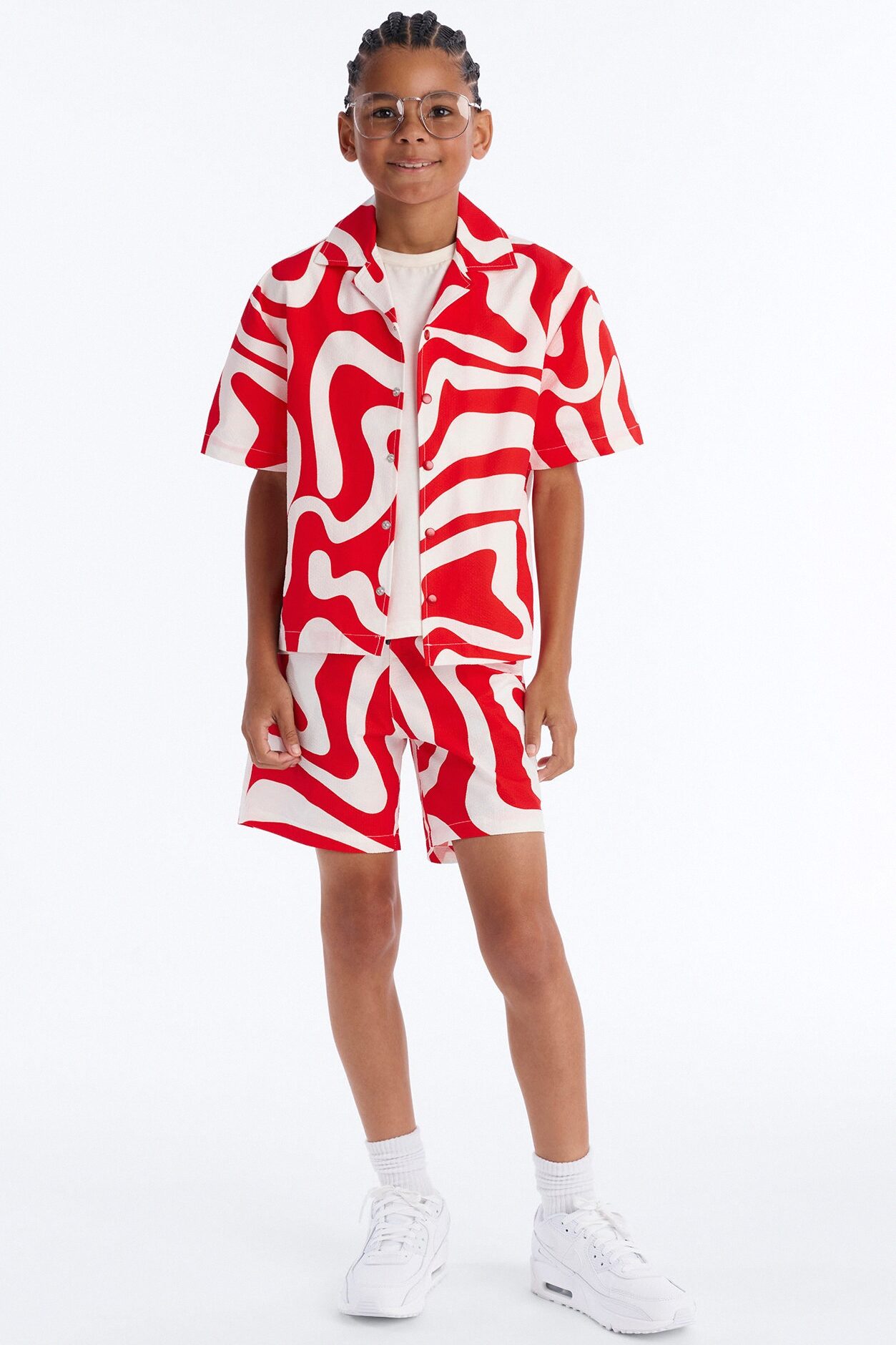 Mini Relaxed Groovy Abstract Printed Seersucker Cuban Collar Button Up Shirt - Red