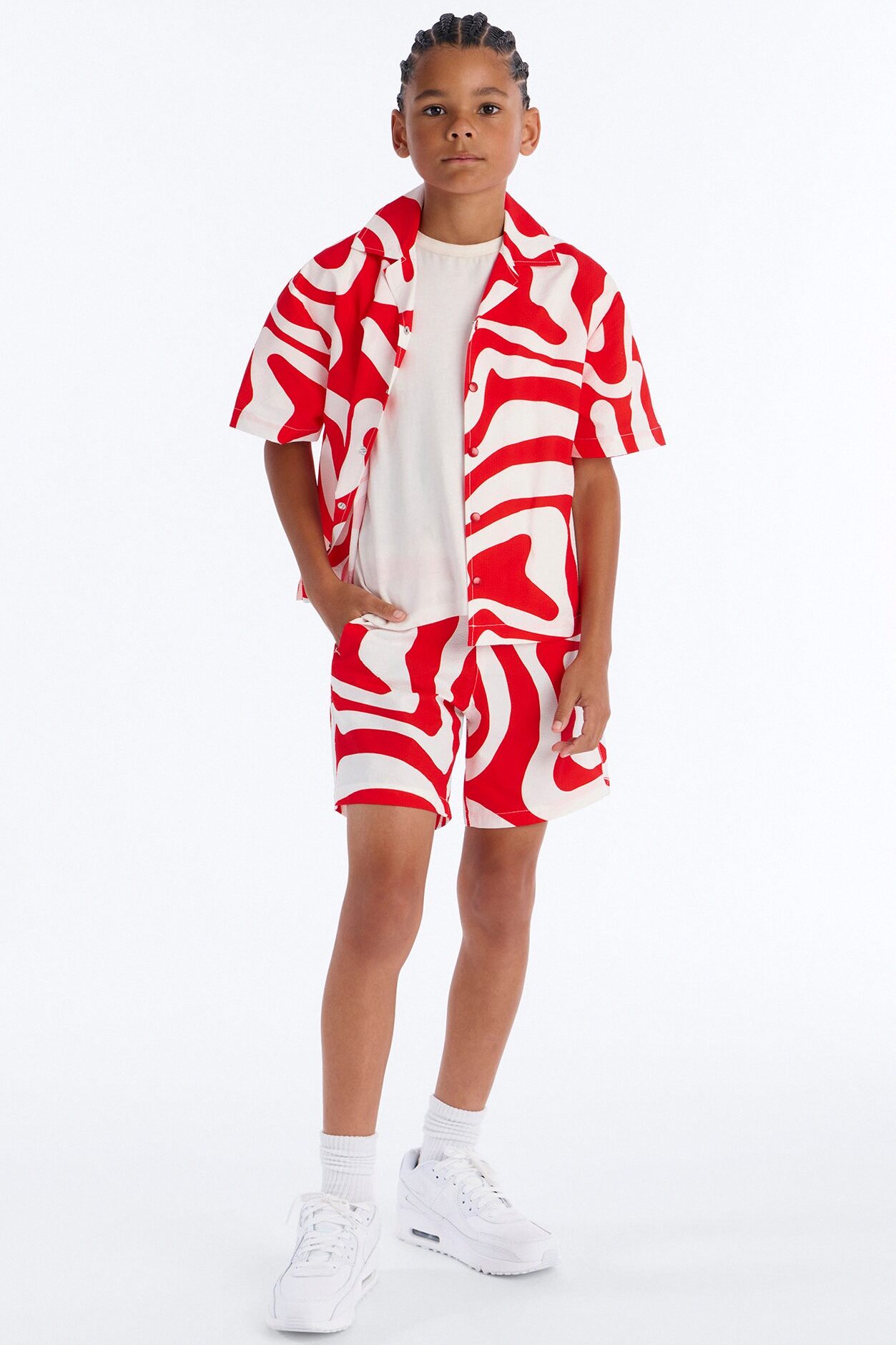 Mini Groovy Abstract Printed Seersucker Swim Trunk - Red