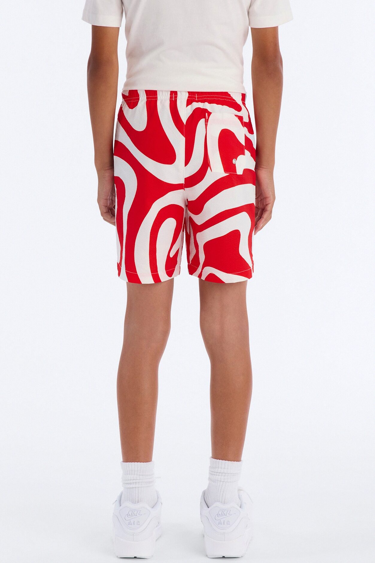 Mini Groovy Abstract Printed Seersucker Swim Trunk - Red