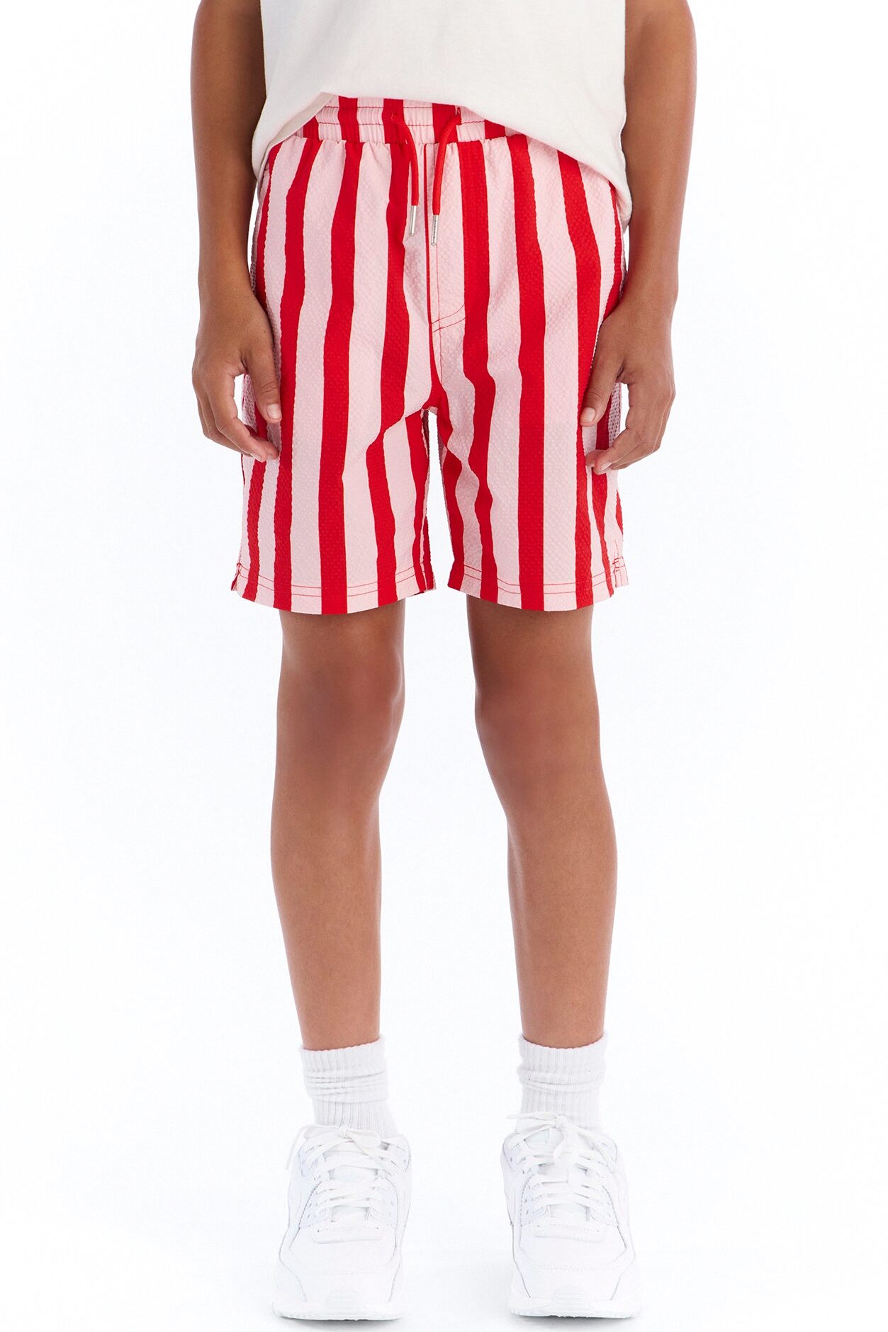 Mini Striped Party Seersucker Swim Trunk 6″ - Red