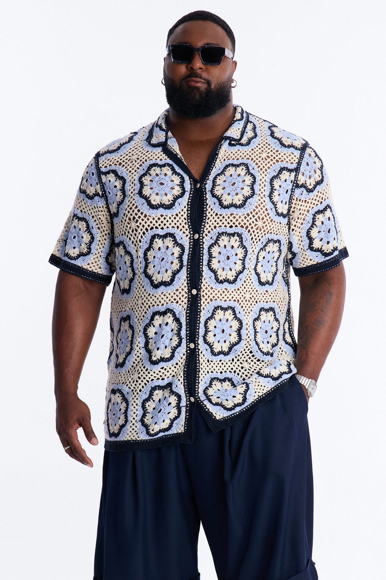 Laguna Crochet Button Up Shirt - Light Blue