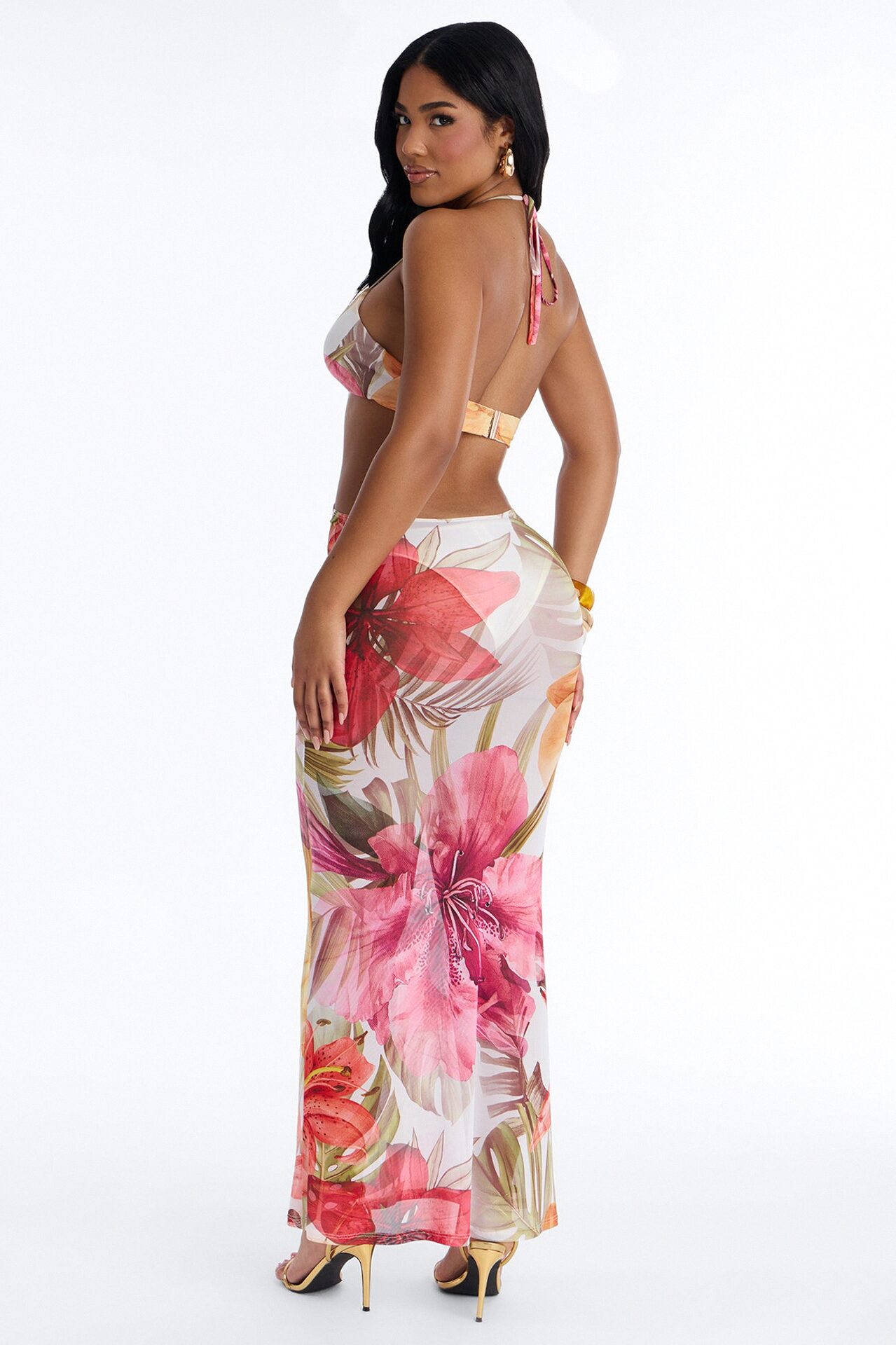 Gone Tropical Cut Out Mesh Maxi Dress - Pink/combo