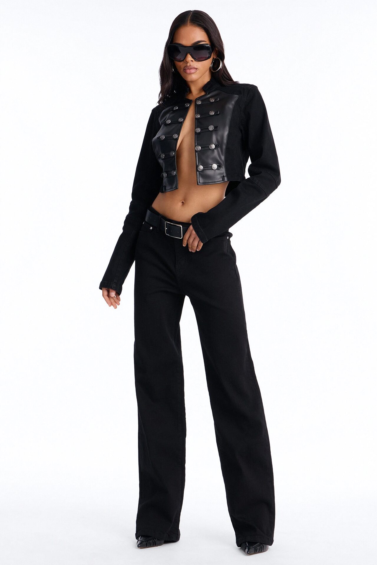 Cadet In Command Open Front Stretch Denim Blazer Jacket - Black Wash
