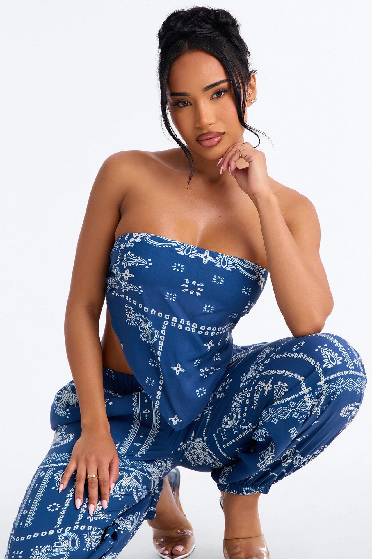 Jenna Bandana Print Balloon Pant Set - Navy