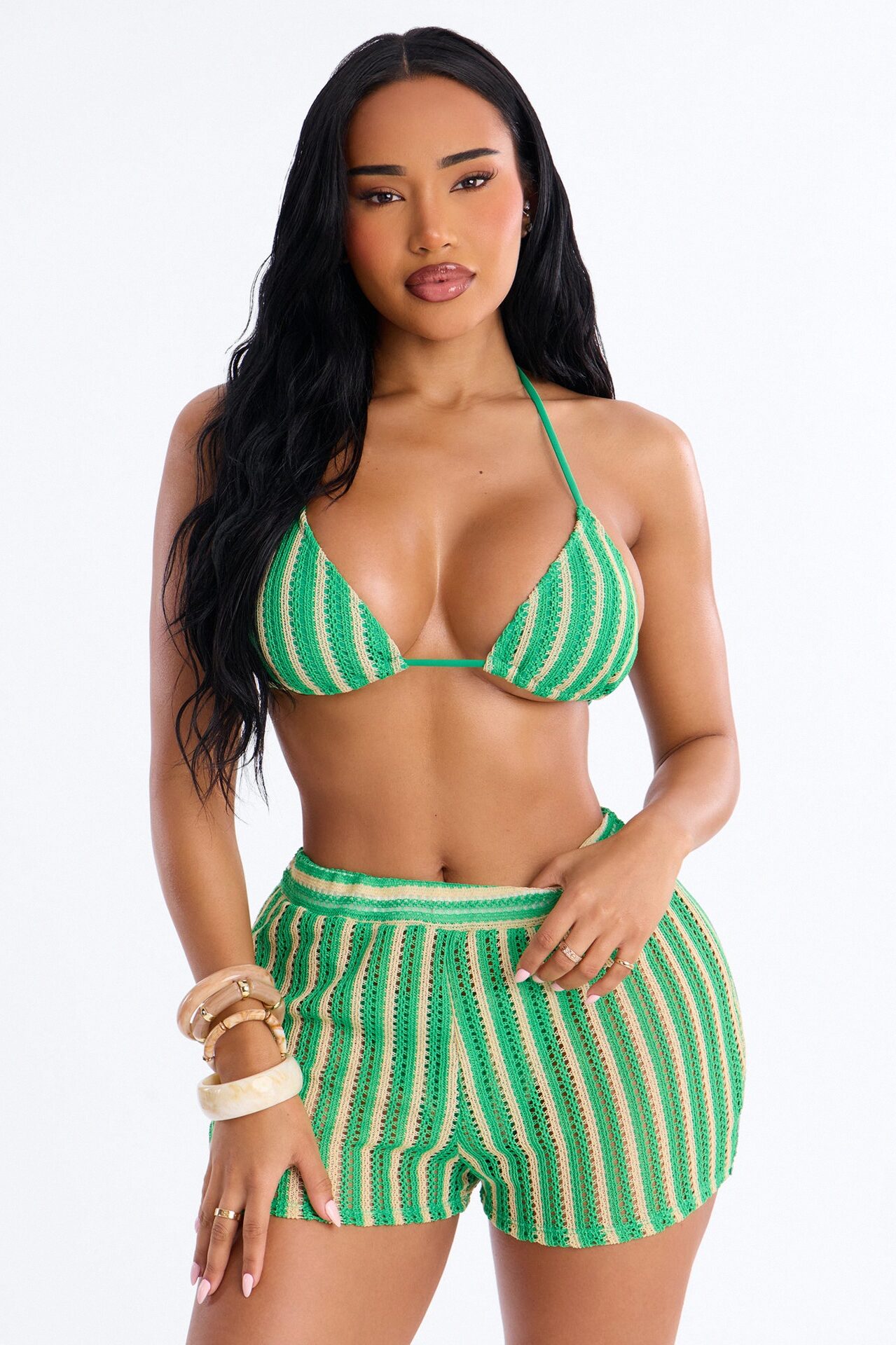 Krissy Pinstripe 3 Piece Bikini Short Set - Green