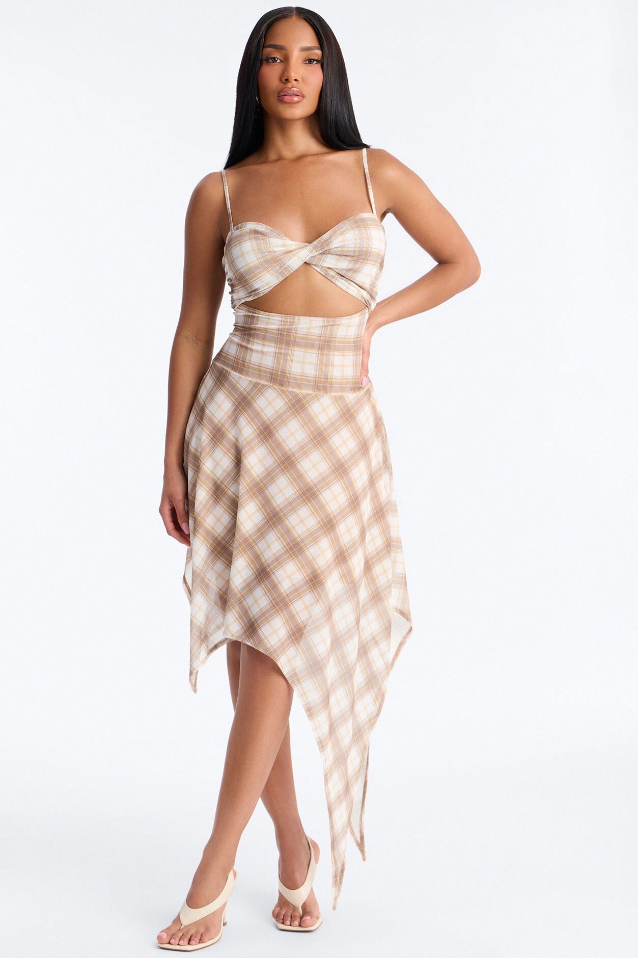 Preppy Plaid Mesh Cutie Midi Dress - Taupe/combo