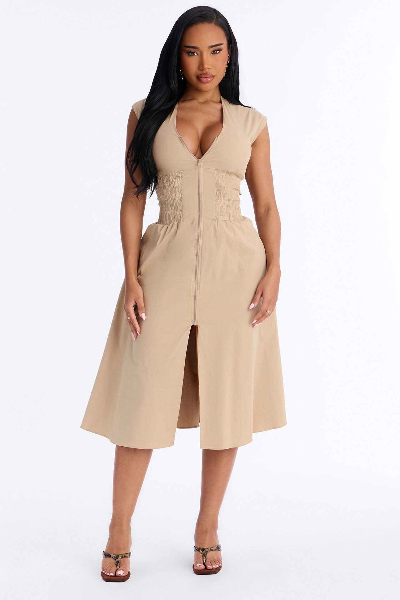 Too Busy Cinched Waist Midi Dress - Taupe