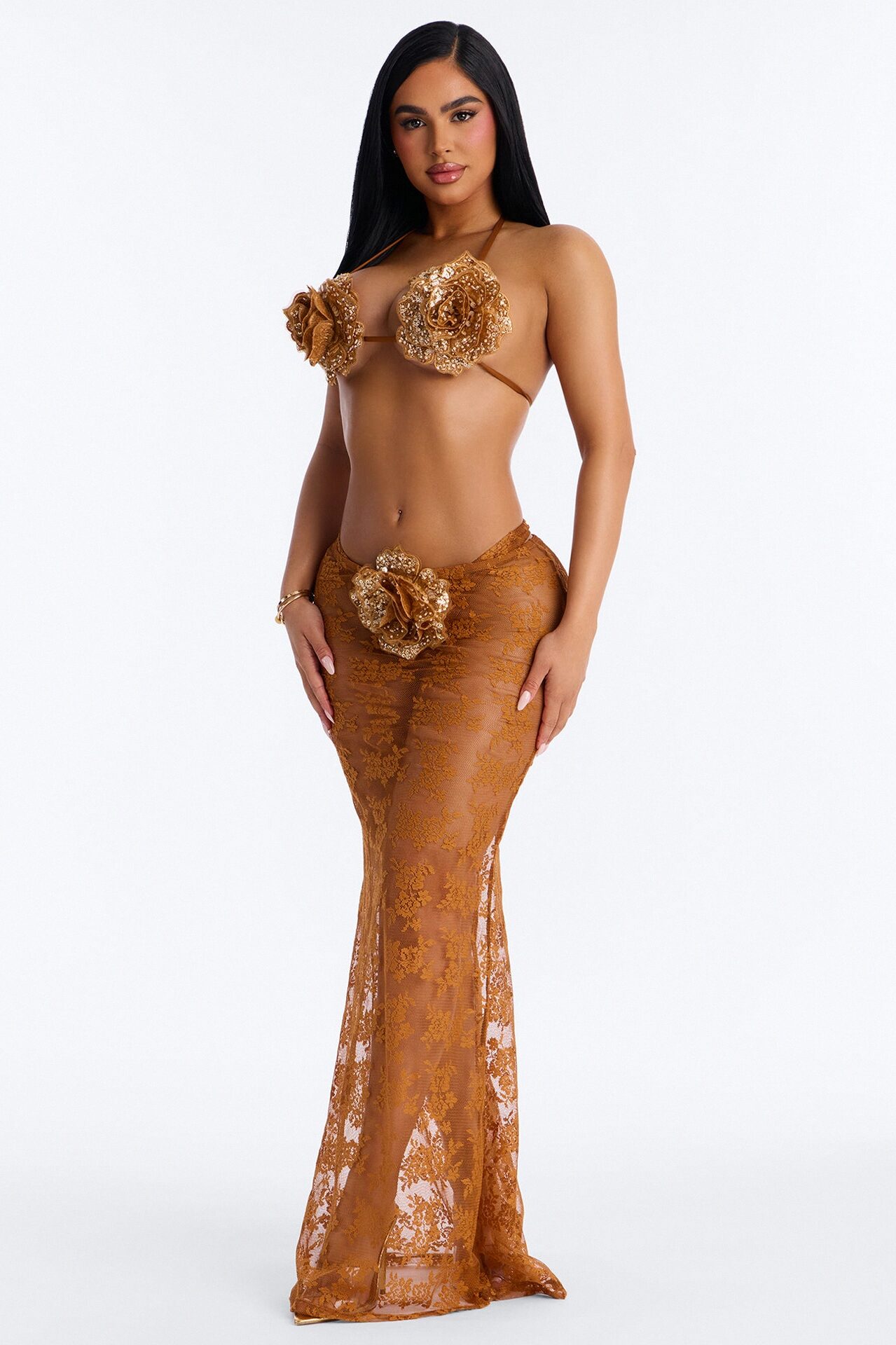 Flower Fever Sequin Applique 3 Piece Bikini Skirt Set - Brown