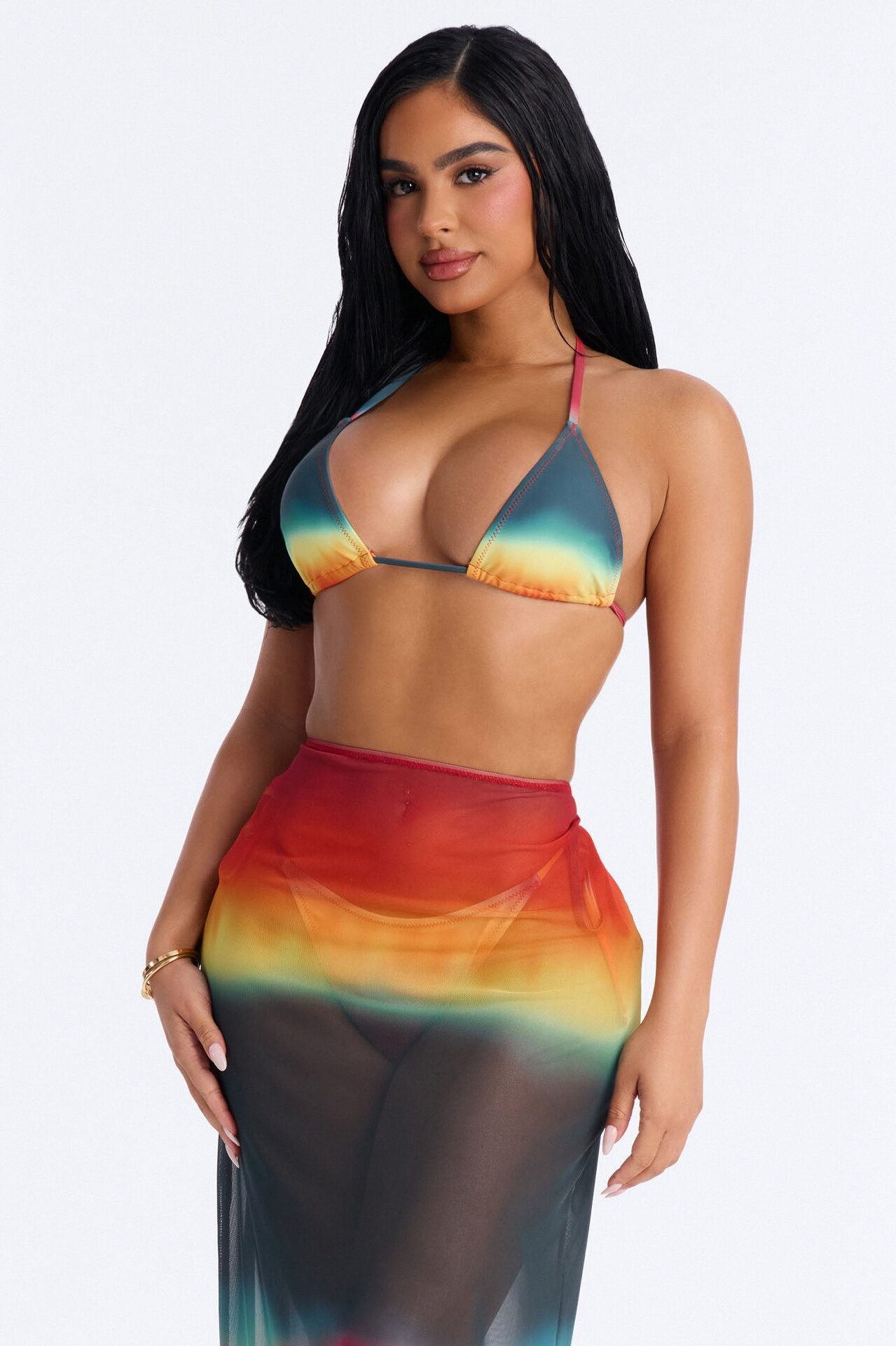 Arianna Ombre Sheer 3 Piece Bikini Skirt Set - Multi Color