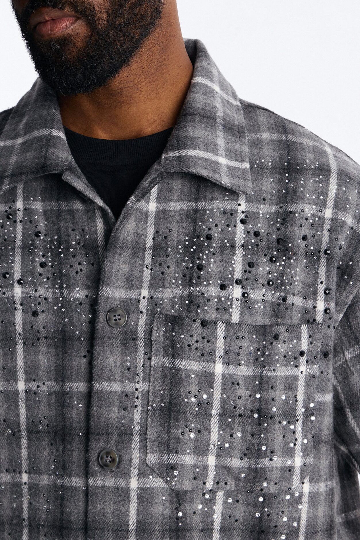 Jeweled Plaid Raw Hem Button Up Shirt - Black