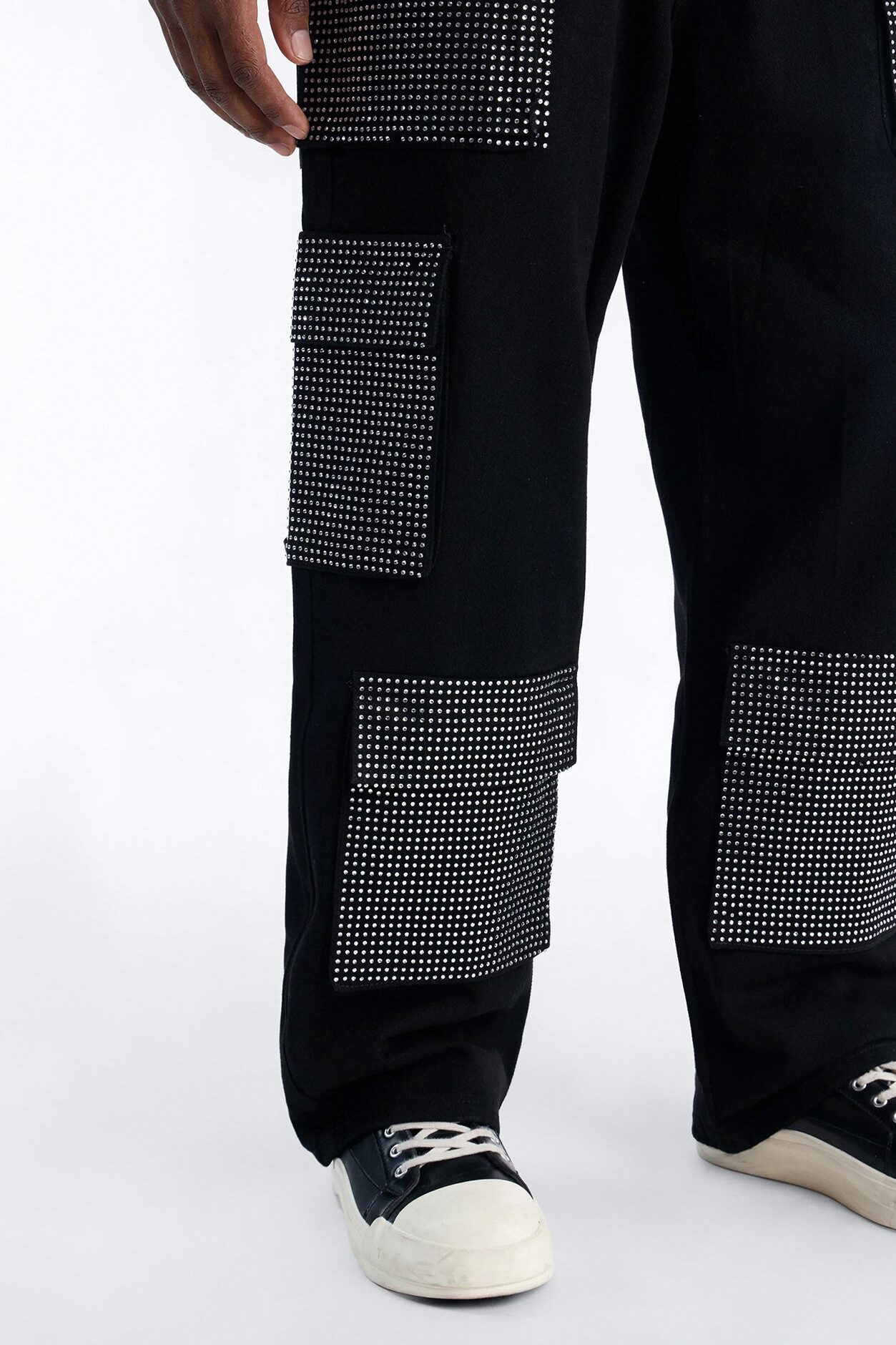 Baggy Rhinestone Combat Cargo Jean - Black Wash