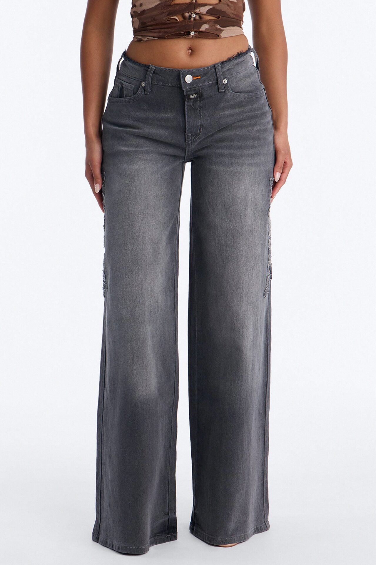 Von Dutch Cut Off Wide Leg Jeans - Grey