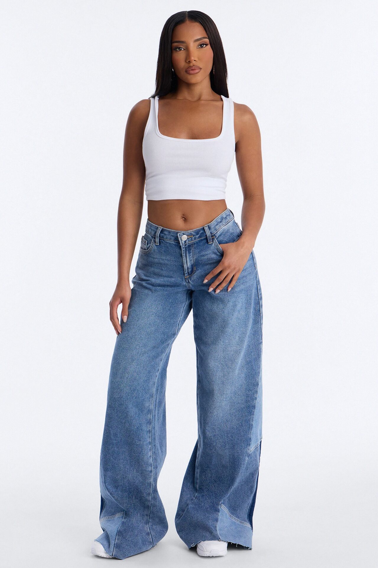 Sun Valley Two Tone Wide Leg Jeans - Medium Wash