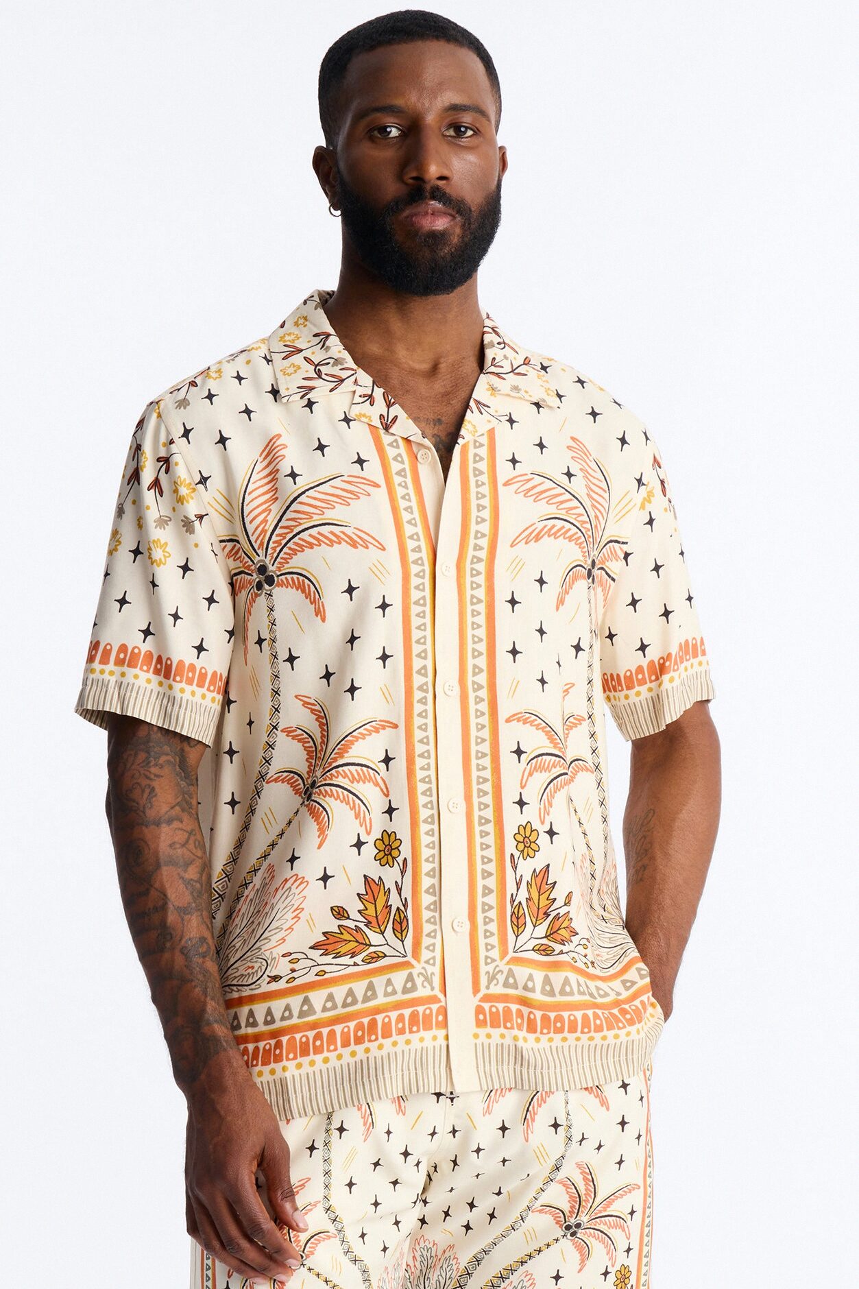 Tropical Twilight Resort Short Sleeve Cuban Collar Shirt - Off White