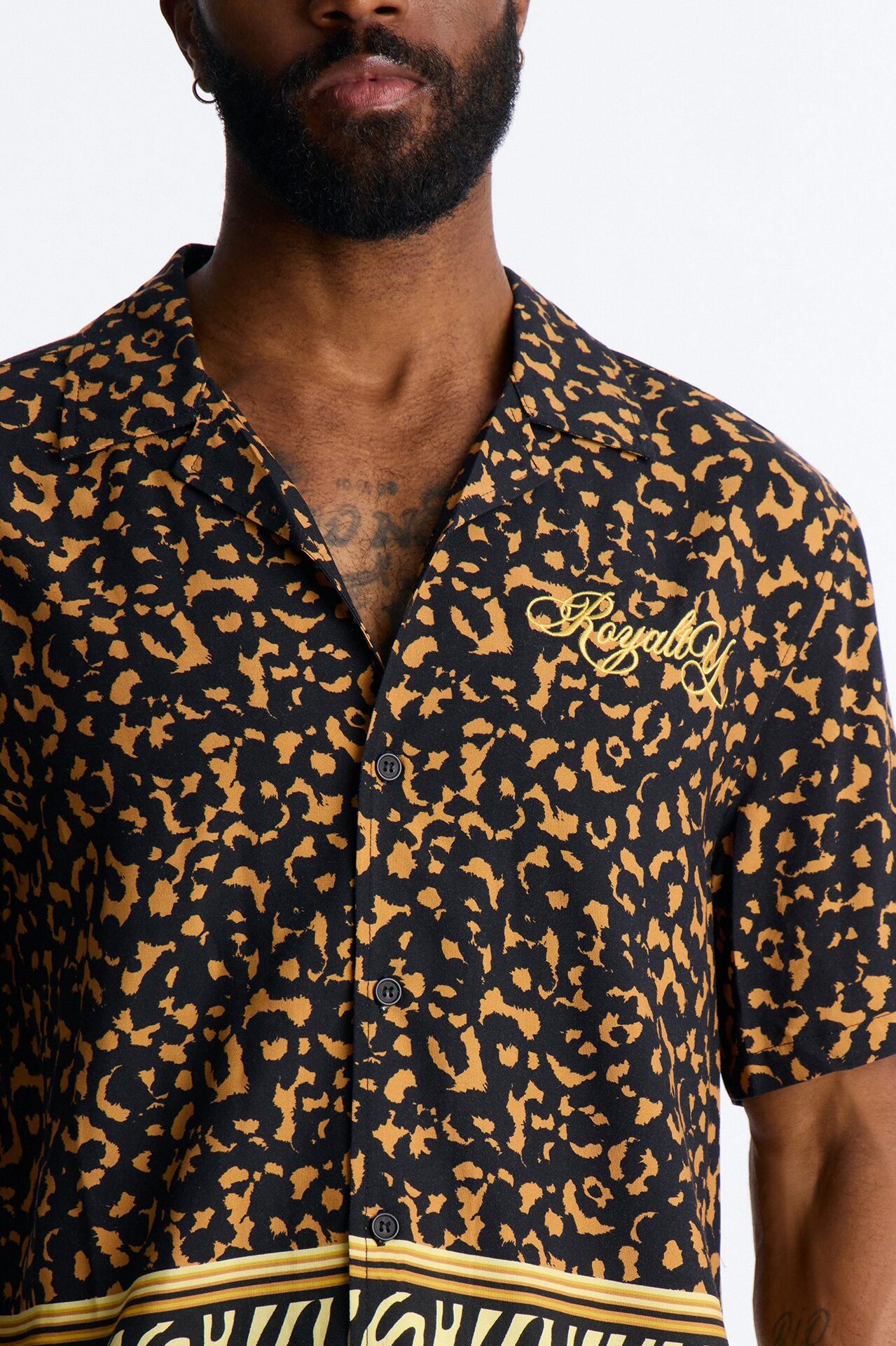 Animal Instincts Paneled Cuban Collar Short Sleeve Shirt - Leopard