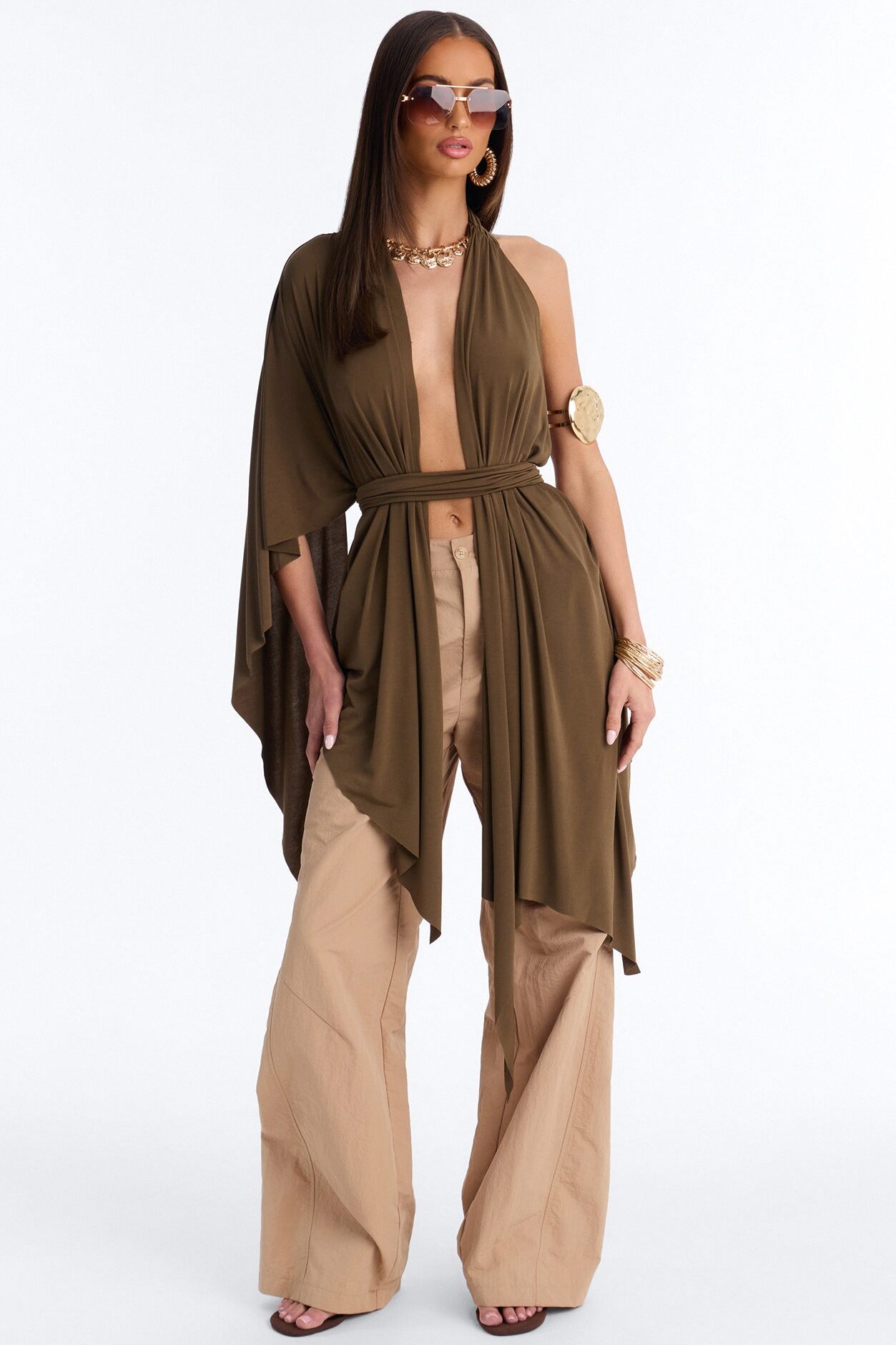 Bare In Bali Deep V-Neck Draped Short Sleeve Long Top - Olive