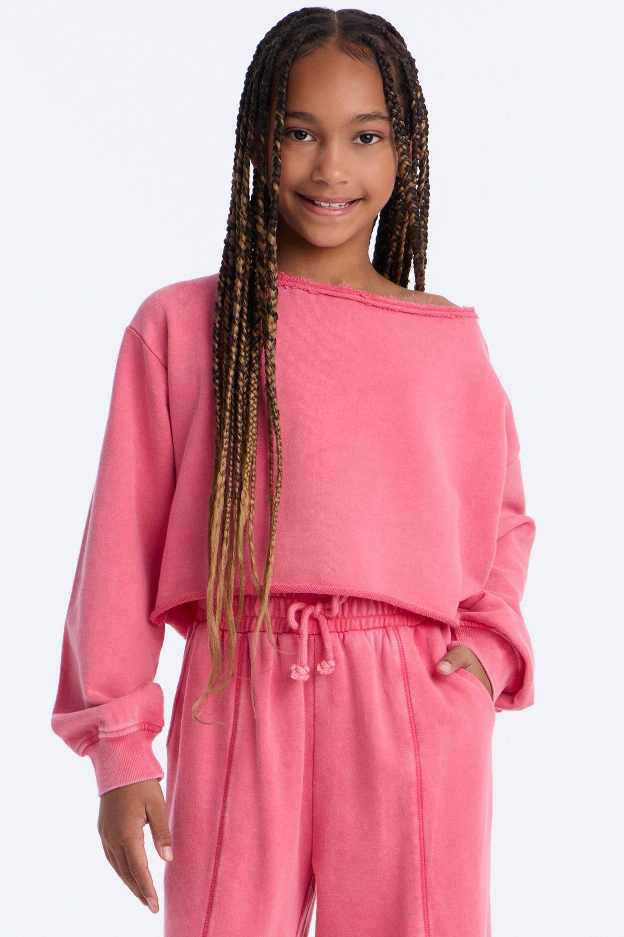 Mini The Washed Off Shoulder Sweatshirt And Pant Set - Coral