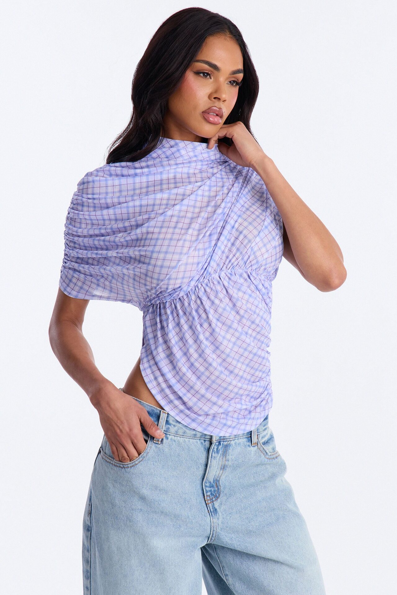 Picnic Date Plaid Mesh Ruched Short Sleeve Top - Lavender/combo