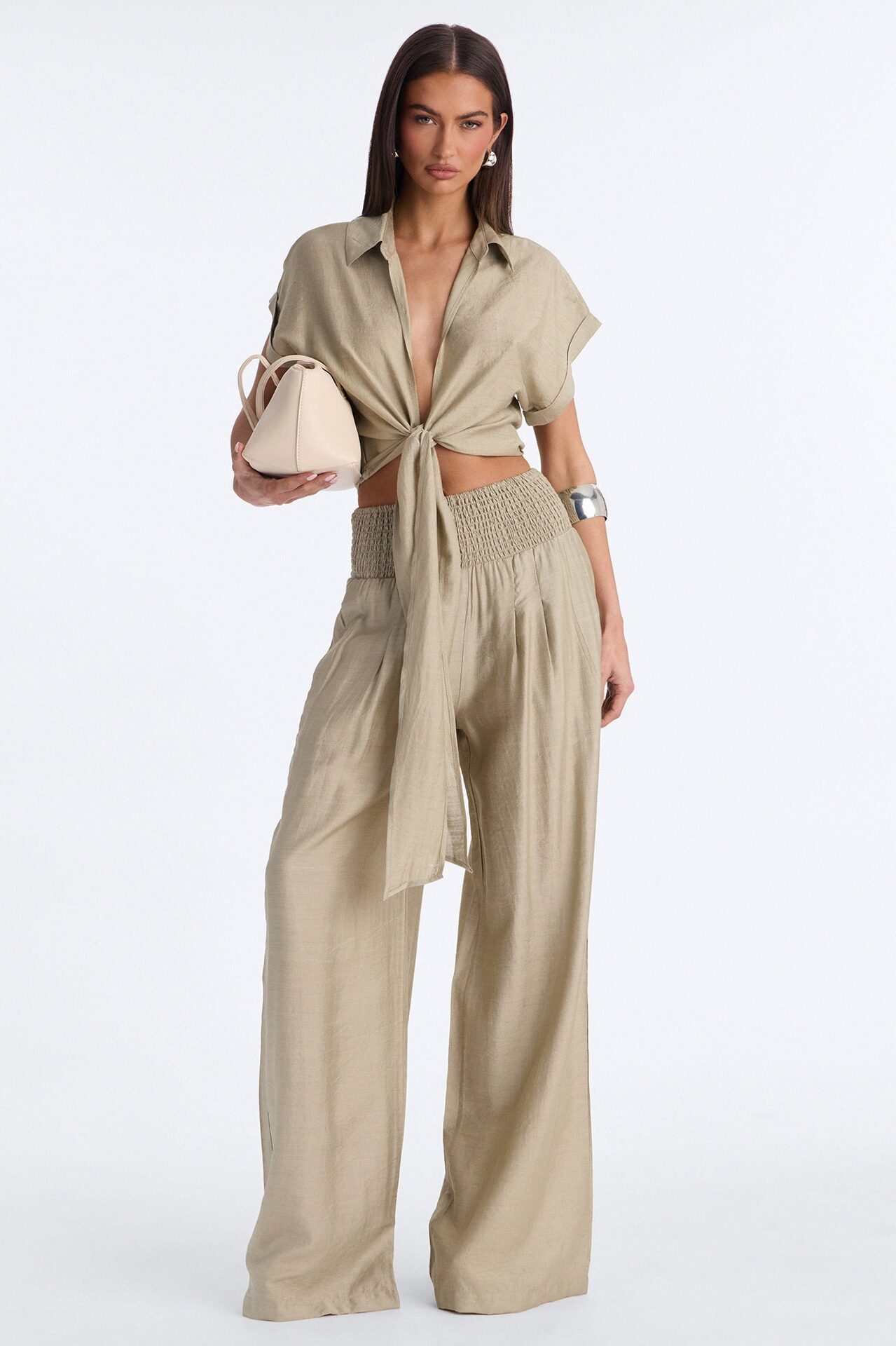 Elena Linen Wide Leg Pant Set - Olive