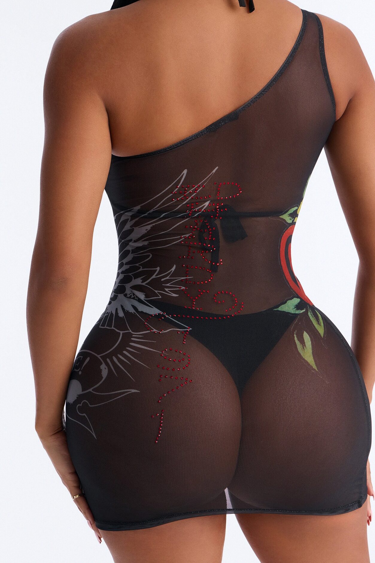 Ed Hardy Hearts One Shoulder Mesh Cover Up Dress - Black/combo