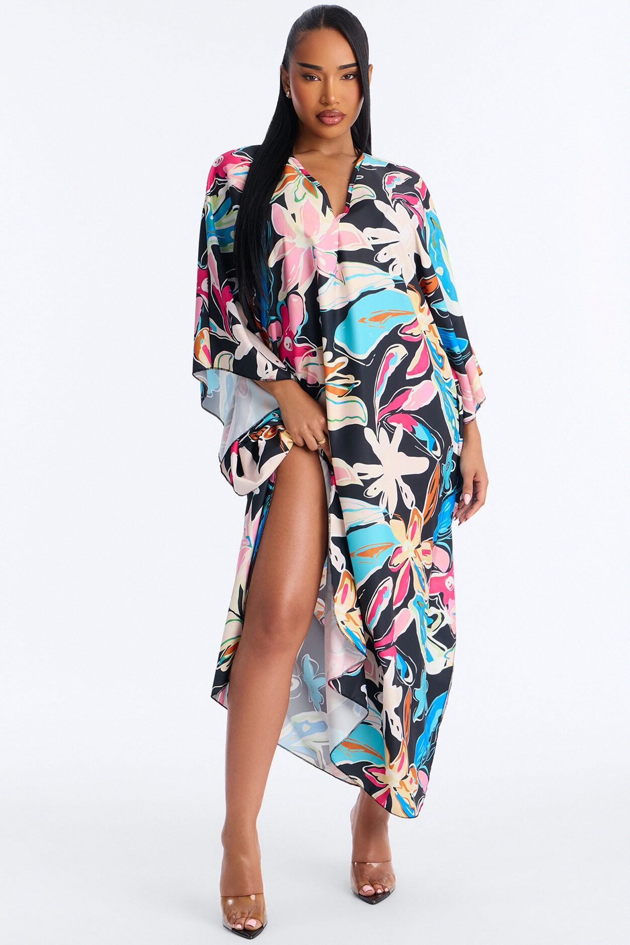 Find Me In Hawaii Floral Long Sleeve Kaftan Cover Up - Multi Color