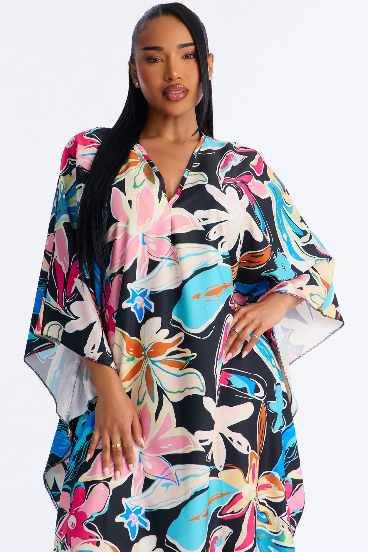 Find Me In Hawaii Floral Long Sleeve Kaftan Cover Up - Multi Color