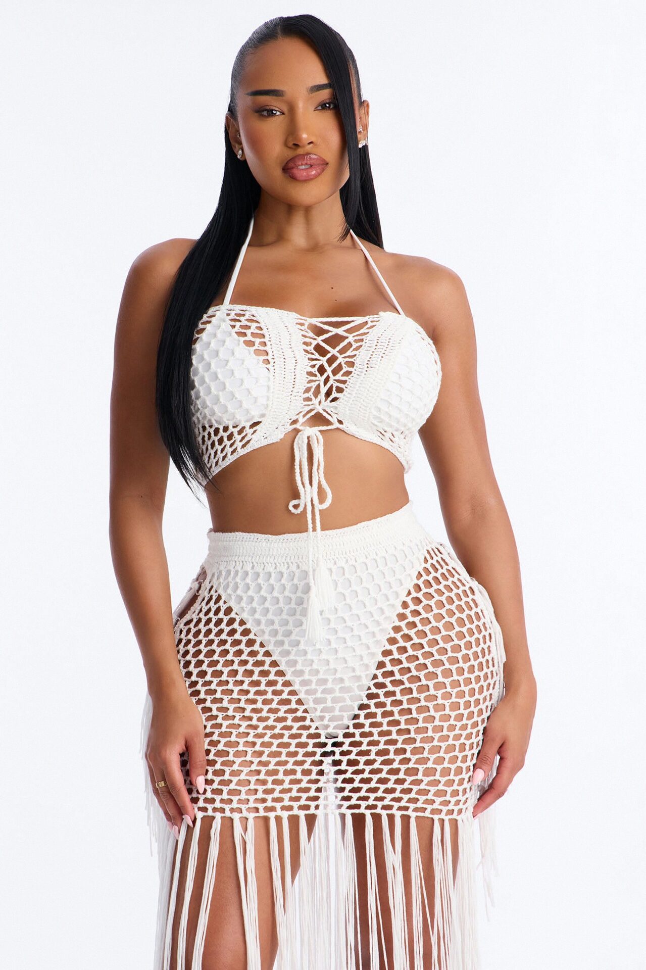 Gemma Lace Up Fringe Trim Swim Cover Up Skirt - White