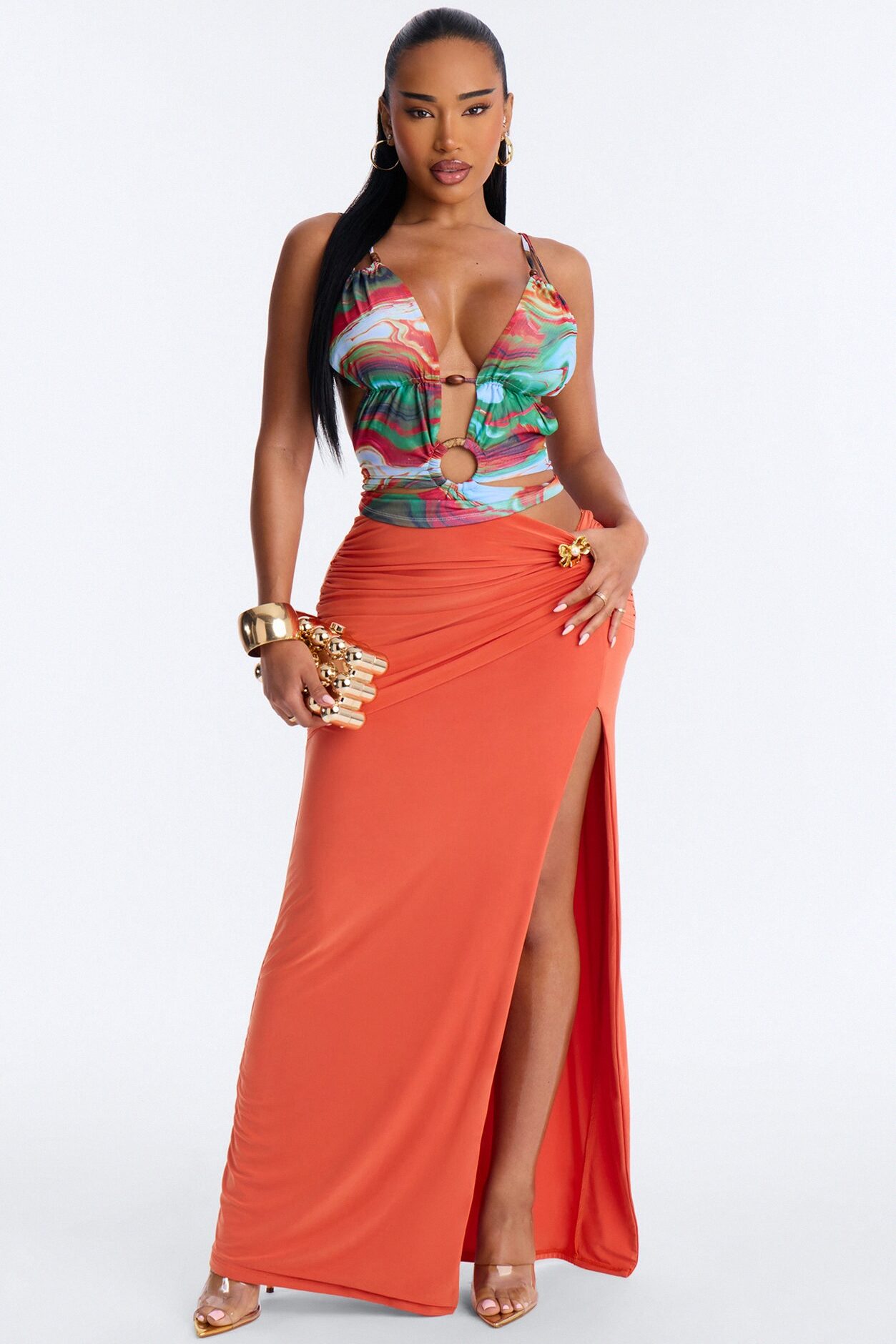 Color Rush Abstract Mesh Beaded Cut Out Top - Multi Color