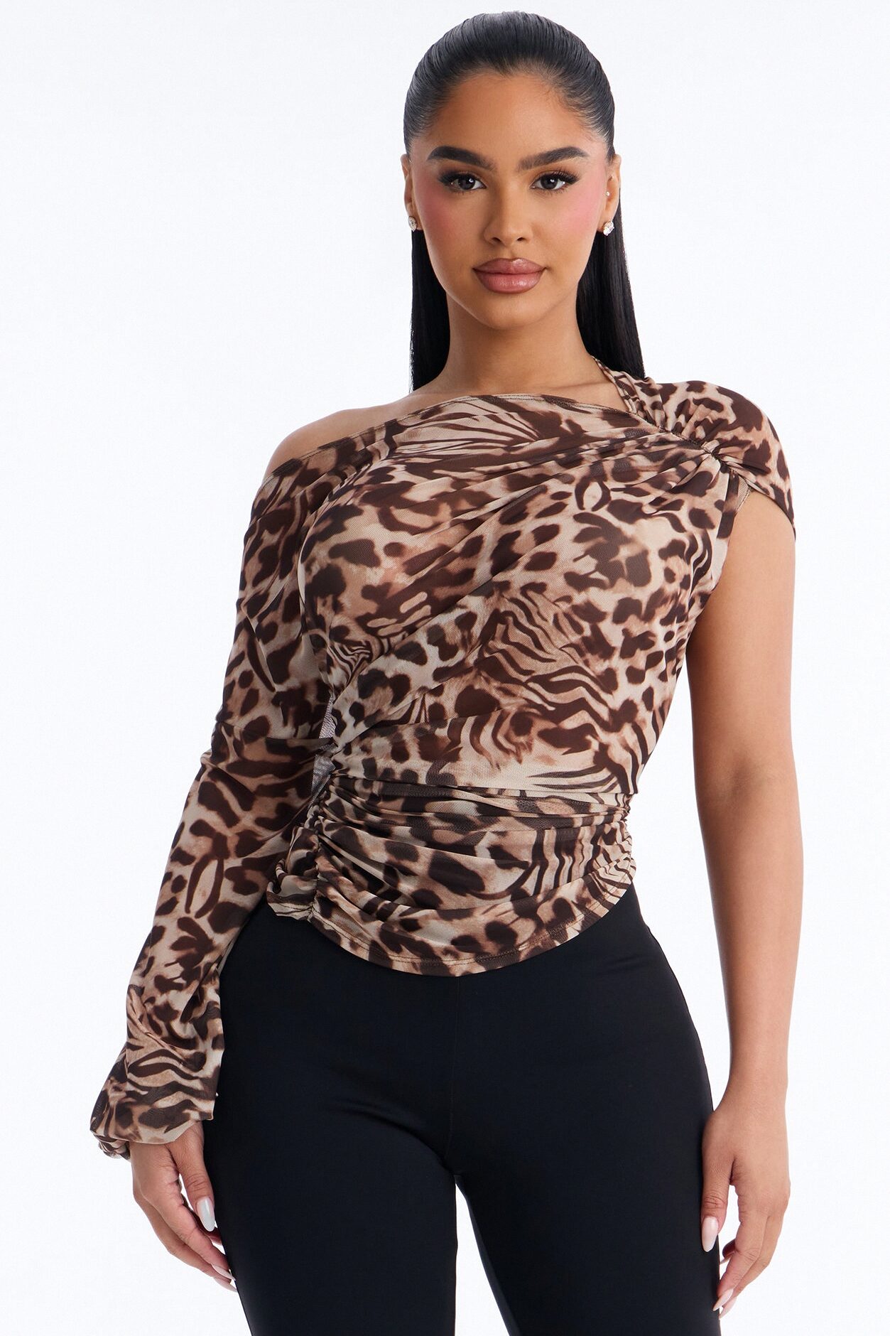 Katie Leopard Mesh Off Shoulder Long Sleeve Top - Leopard