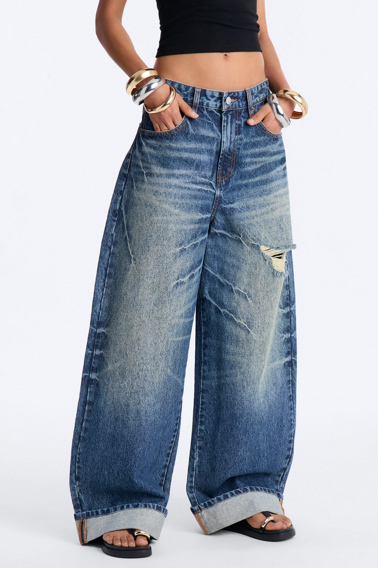 Real Thoughts Baggy Cuffed Wide Leg Jeans - Vintage Wash