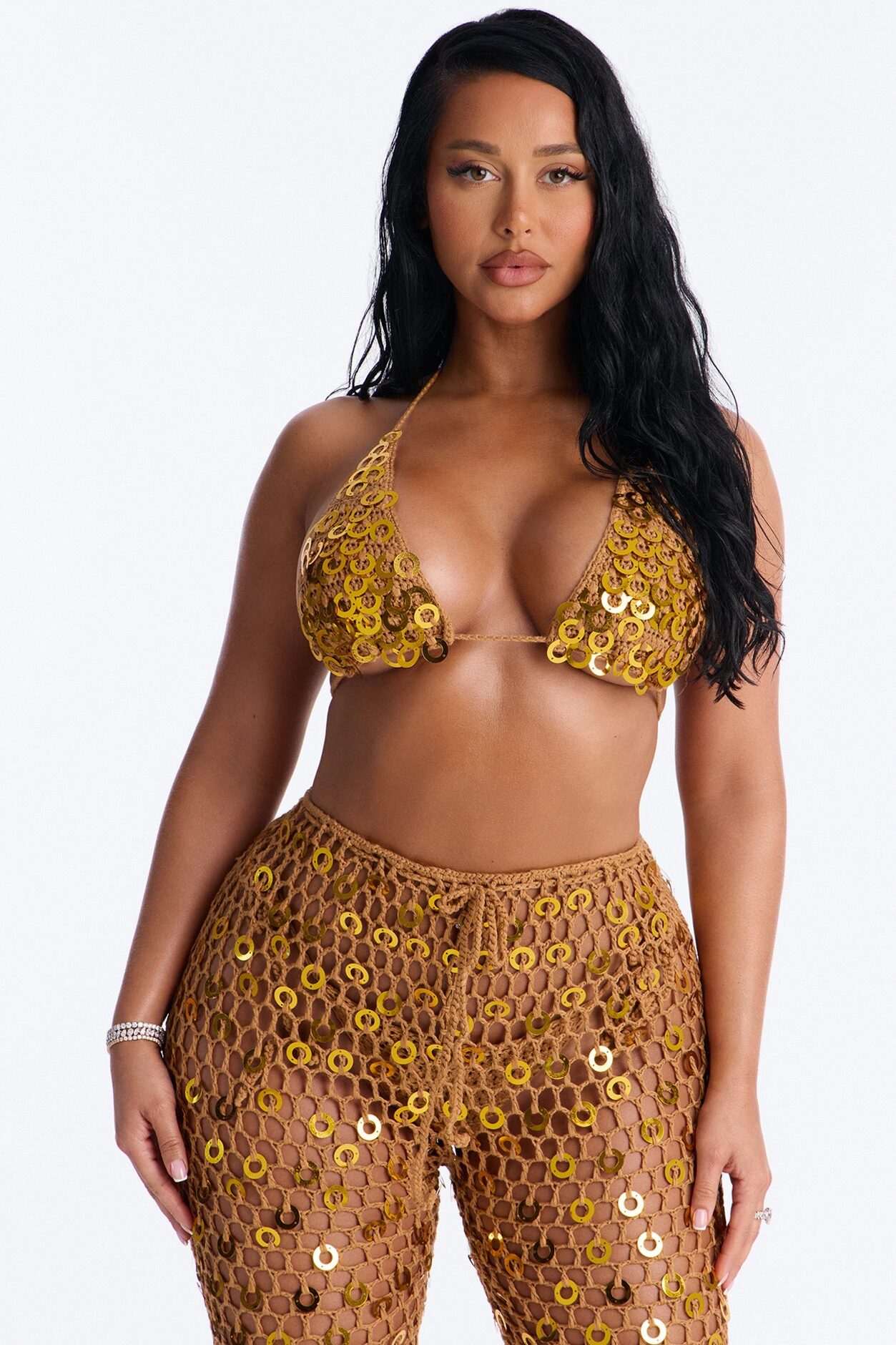 Out Here Bikini And Coverup Pant Set - Gold