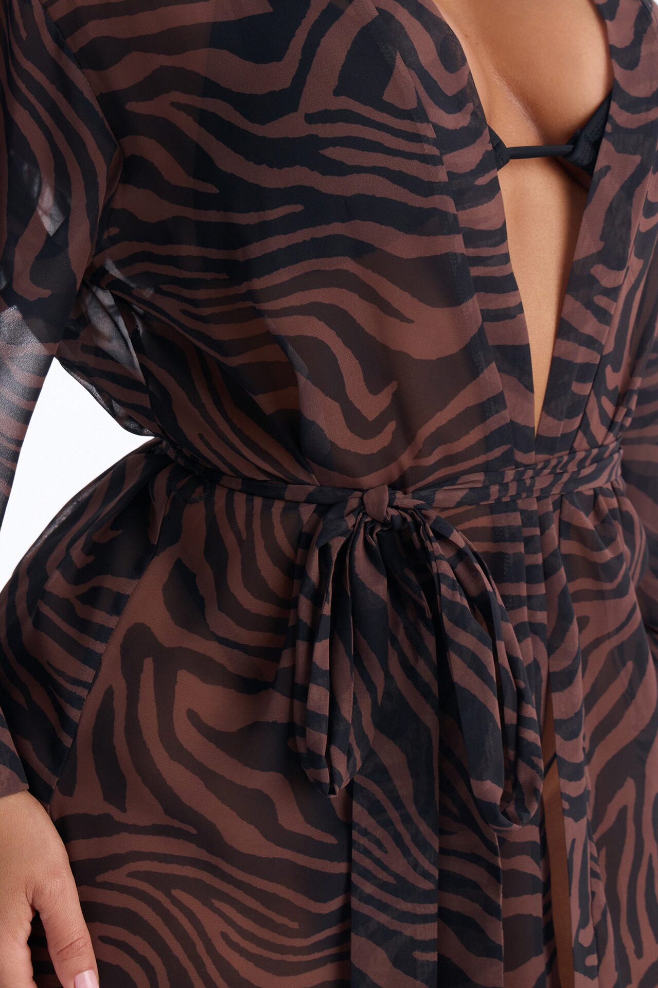 Nothing But A Stripe Waist Tie Swim Cover Up Kimono - Brown/combo