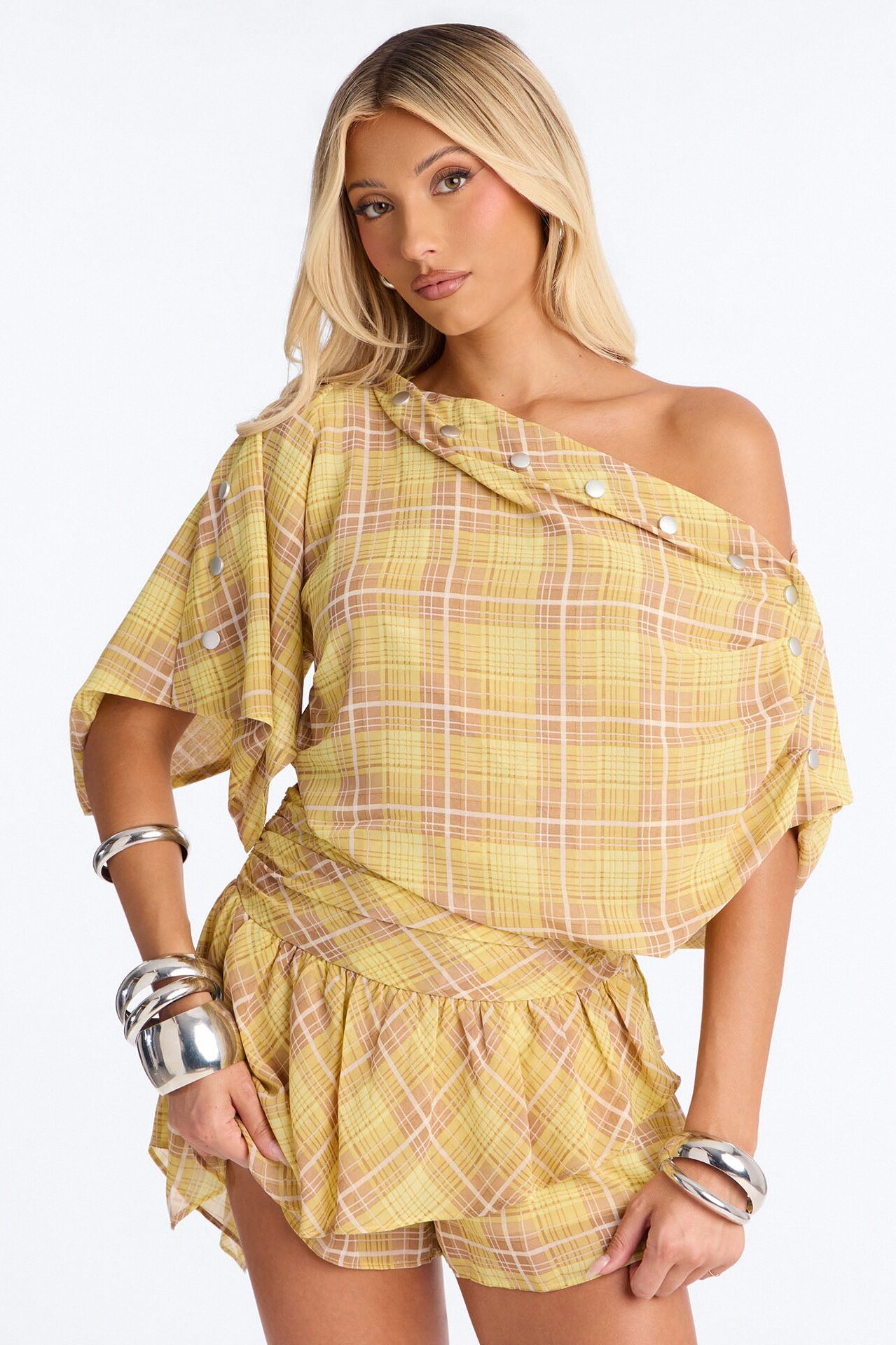 Come Closer Plaid One Shoulder Skirt Set - Yellow/combo