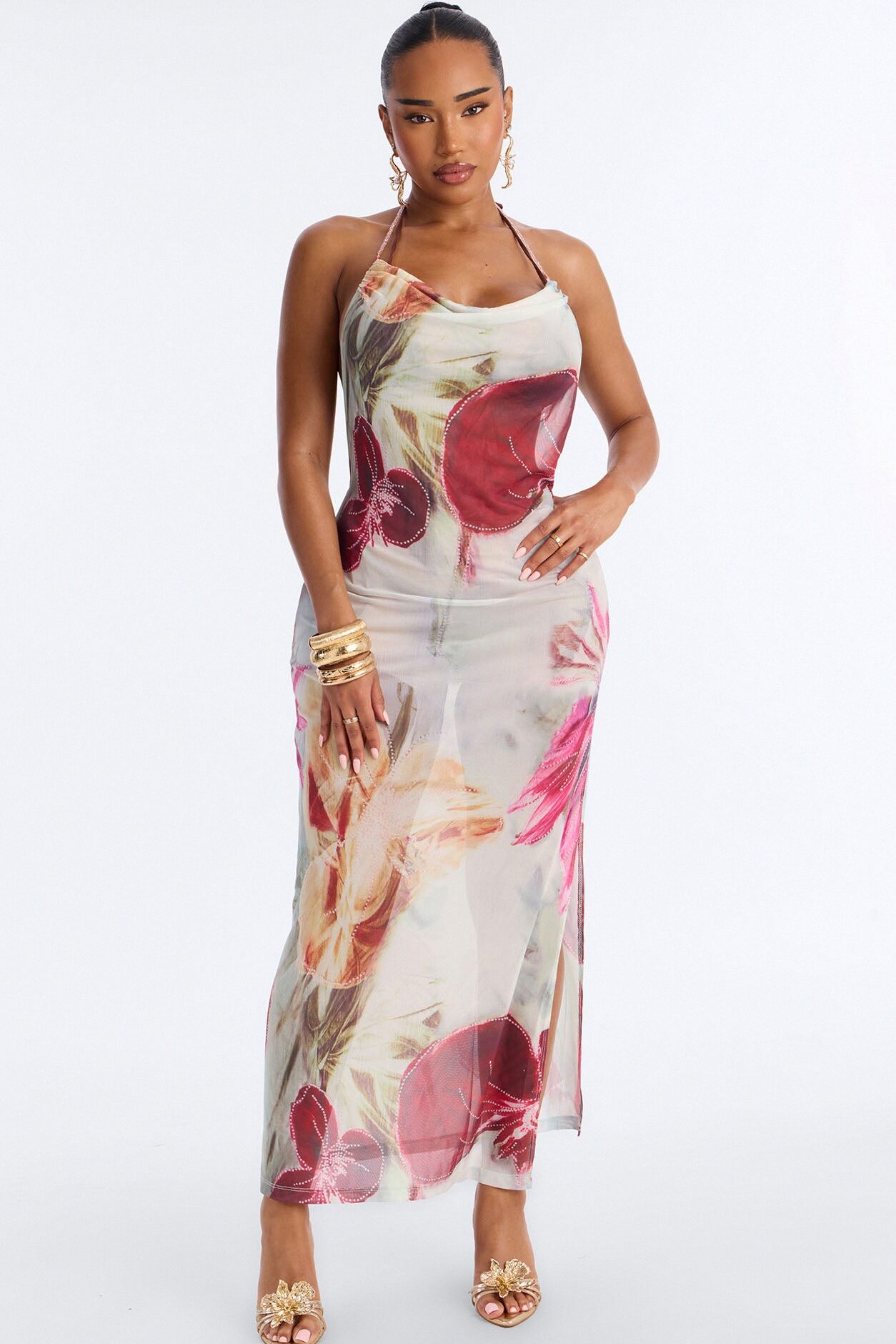 Ruth Floral Scoop Neck Low Back Swim Cover Up Maxi Dress - Purple/combo
