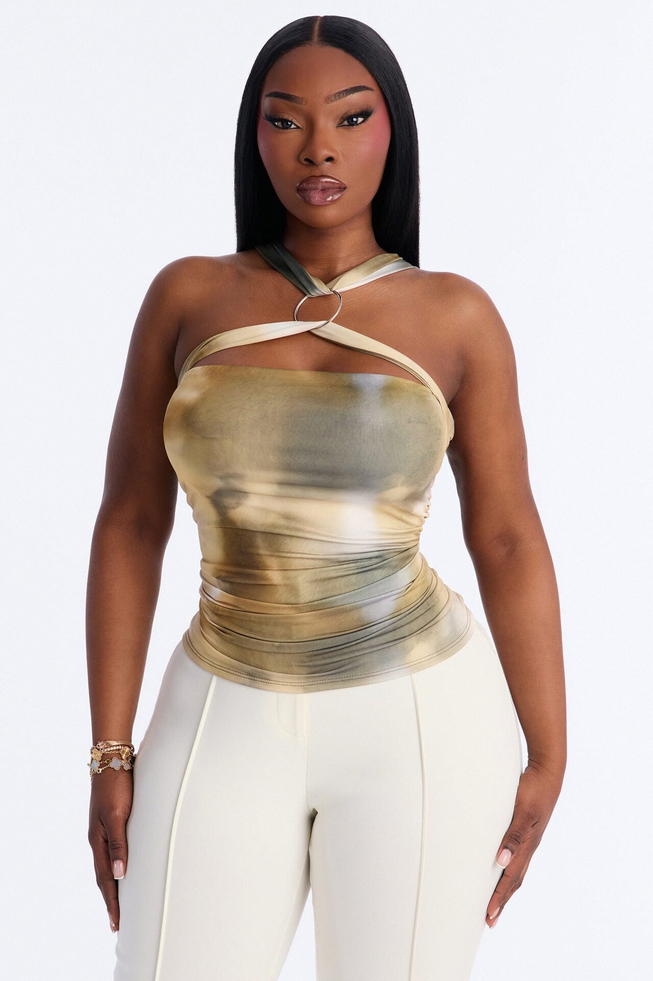 Hallucinating You Ruched Hardware Halter Top - Olive/combo