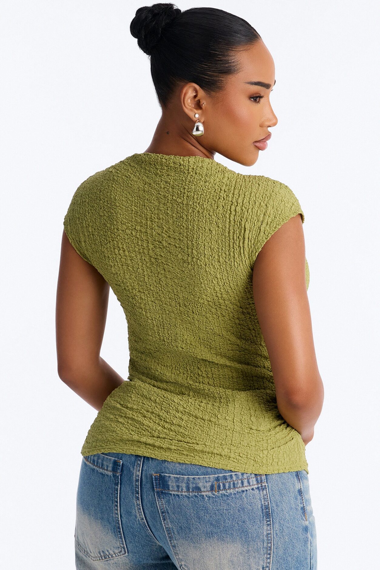 Isla Textured Mock Neck Asymmetrical Short Sleeve Top - Sage