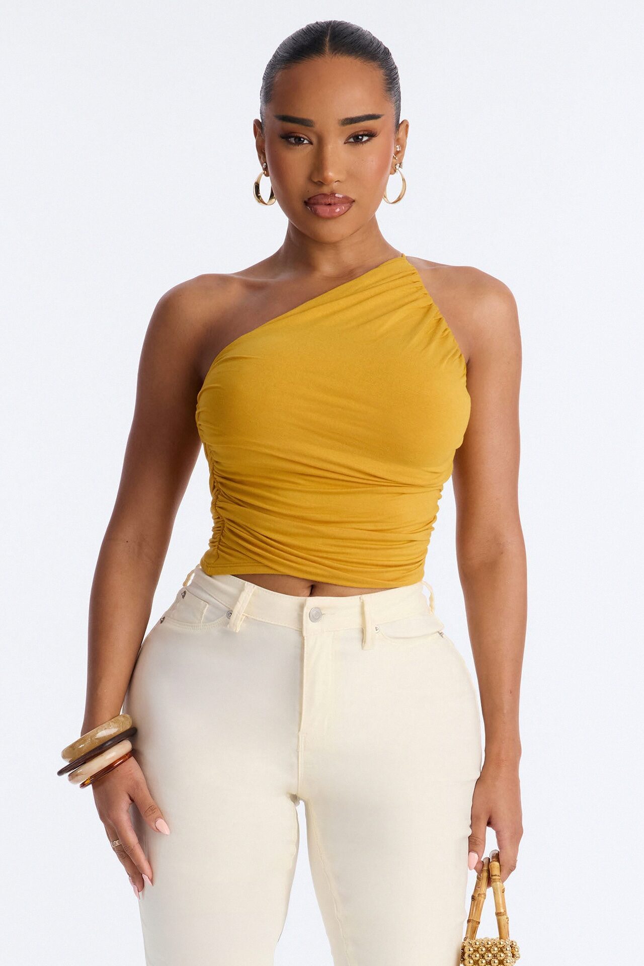 Kehlani One Shoulder Ruched Sleeveless Top - Mustard