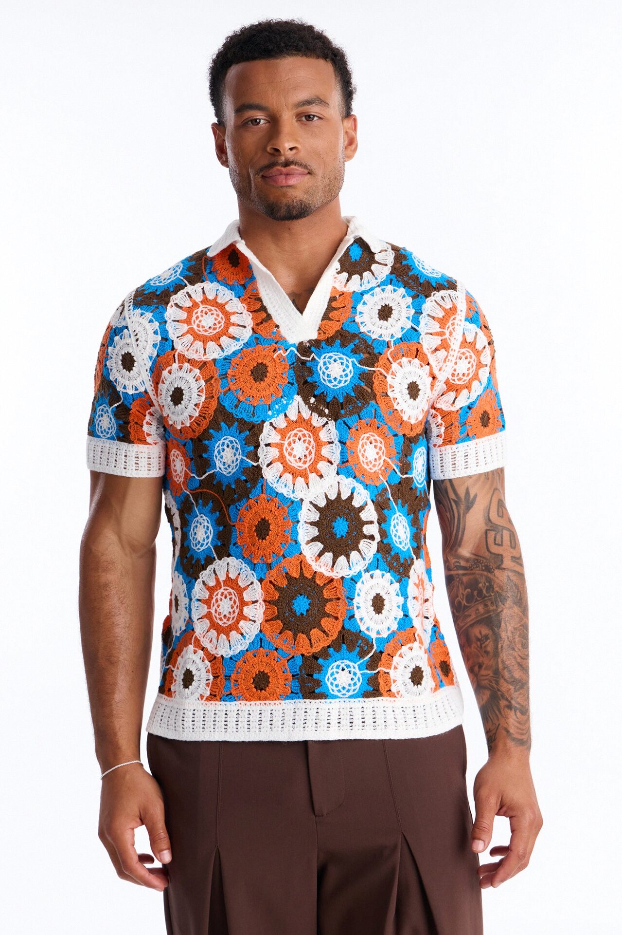 Flower Power Crochet Johnny Collar Polo - Multi Color