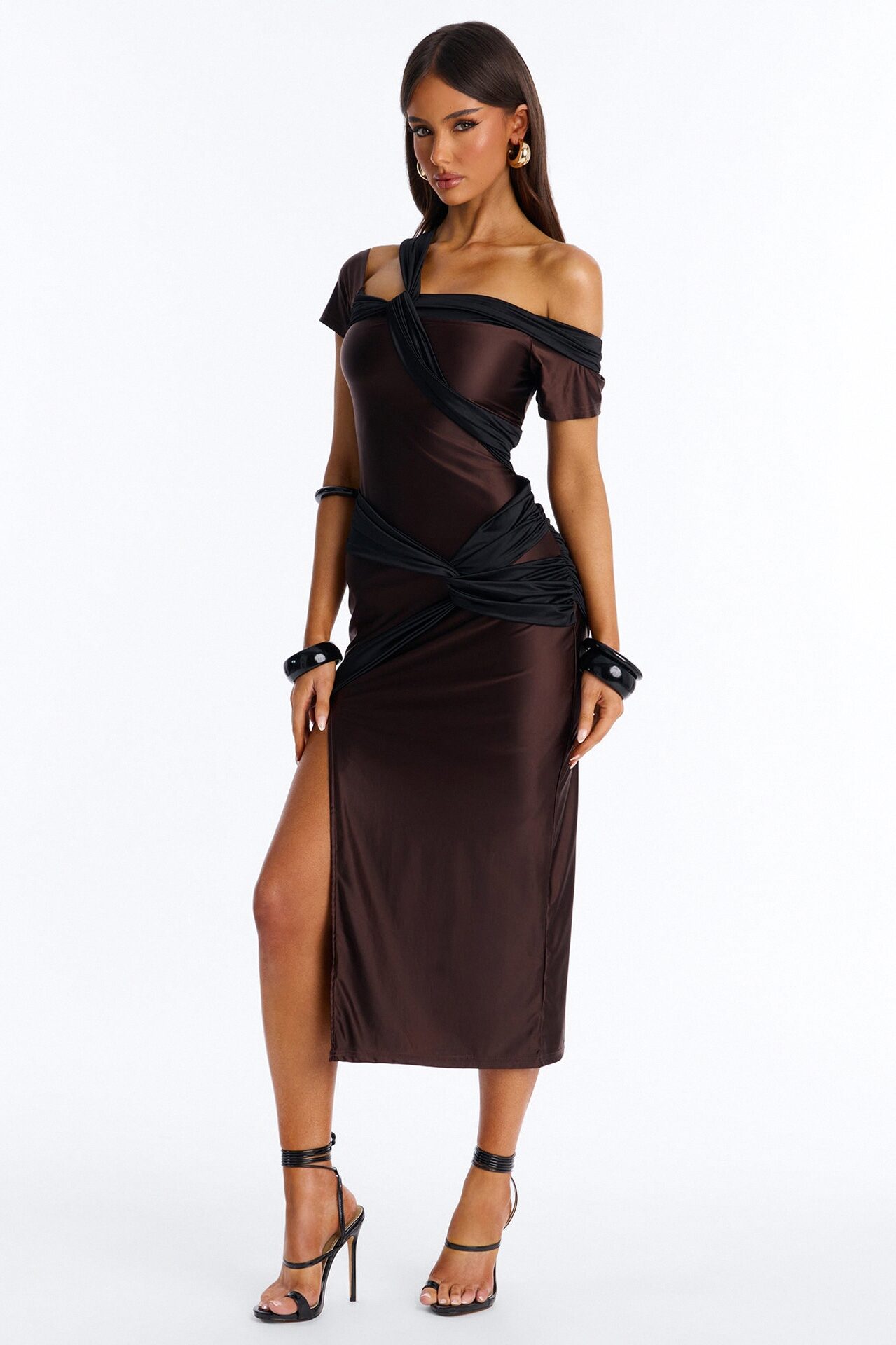 Malia Draped Midi Dress - Chocolate/Combo