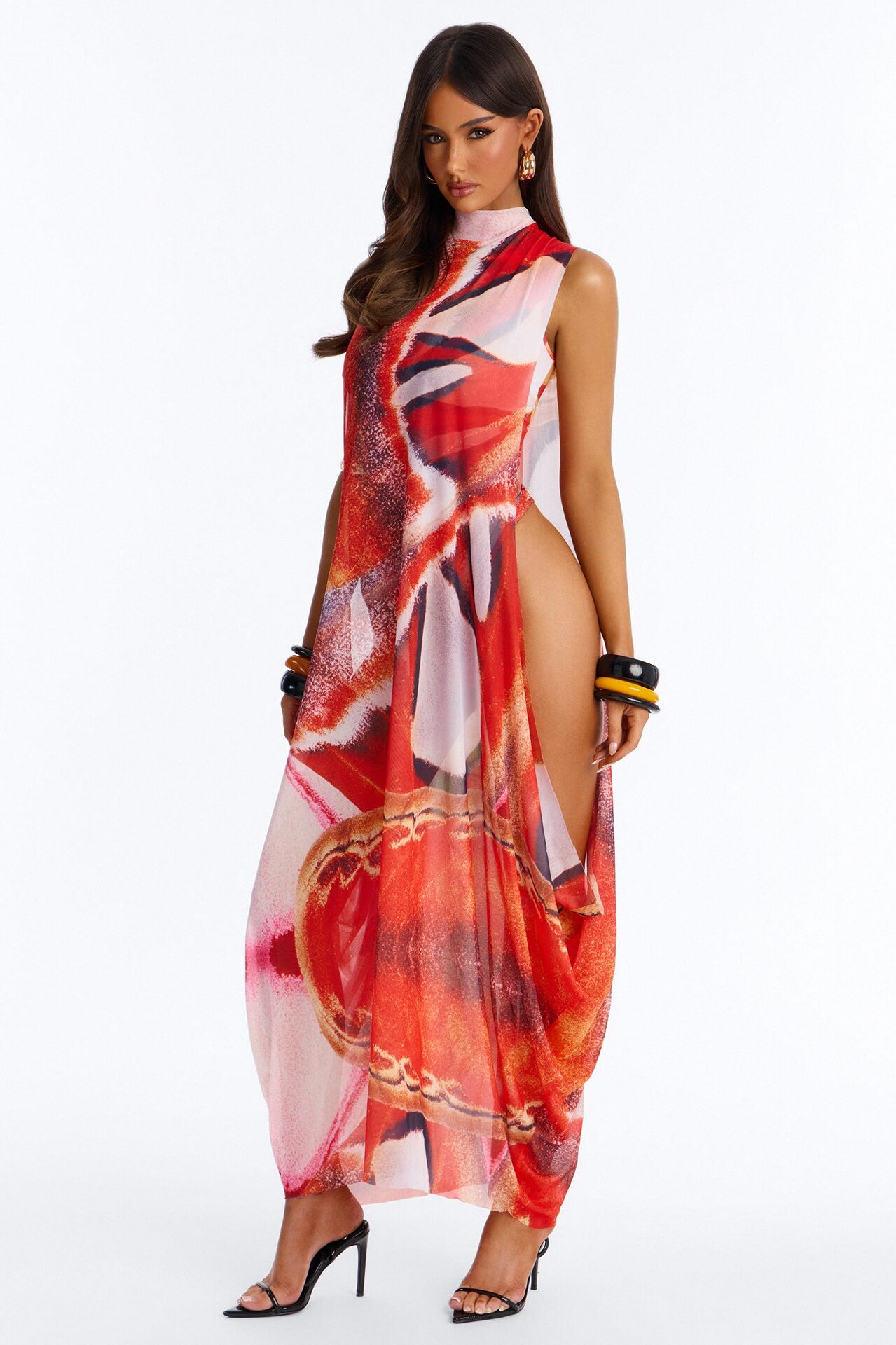 All For You Draped Mesh Maxi Dress - Orange/combo