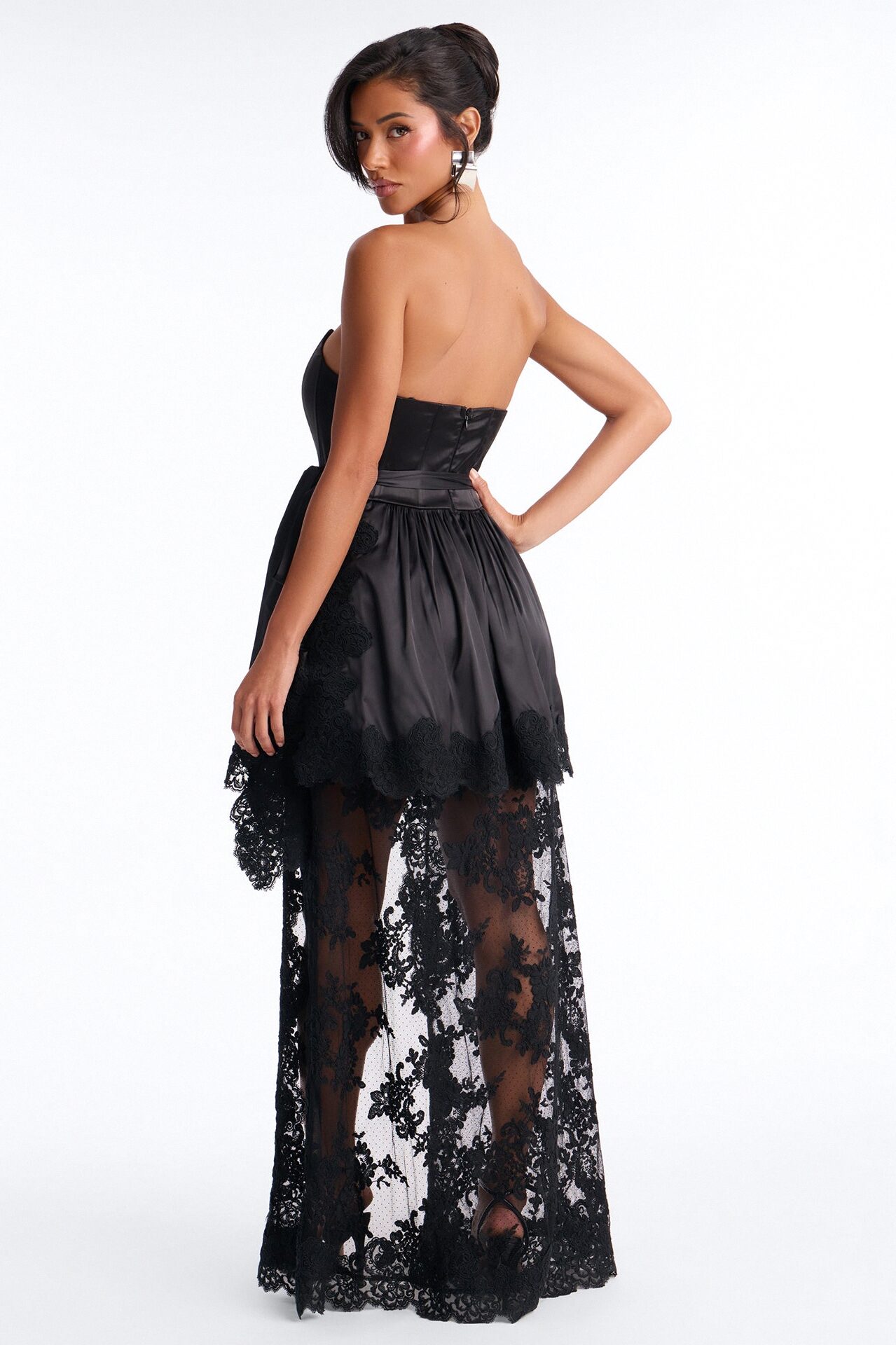 Lana Draped Lace Satin Gown - Black