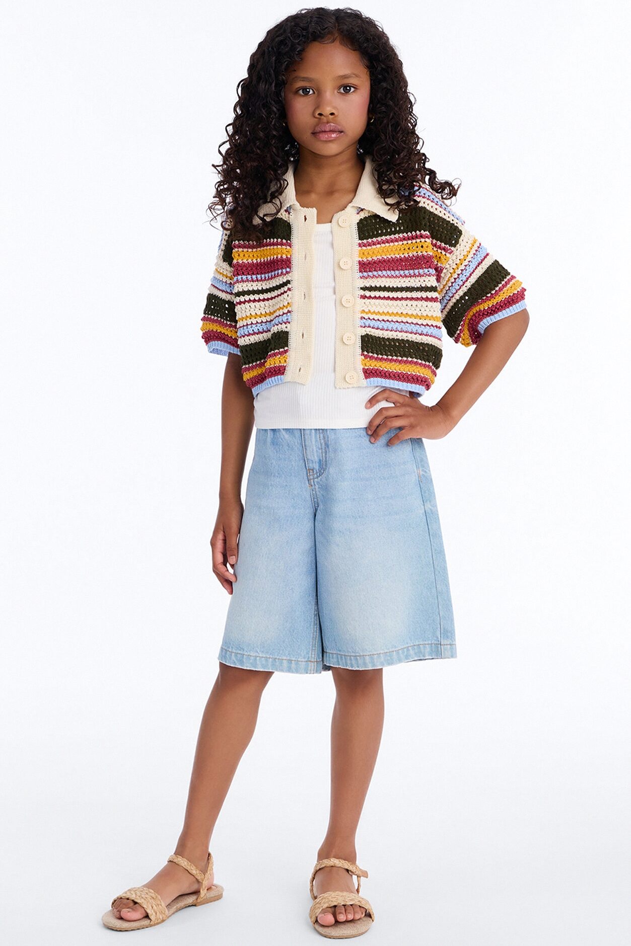 Mini Coasting Through Striped Crochet Shirt - Multi Color