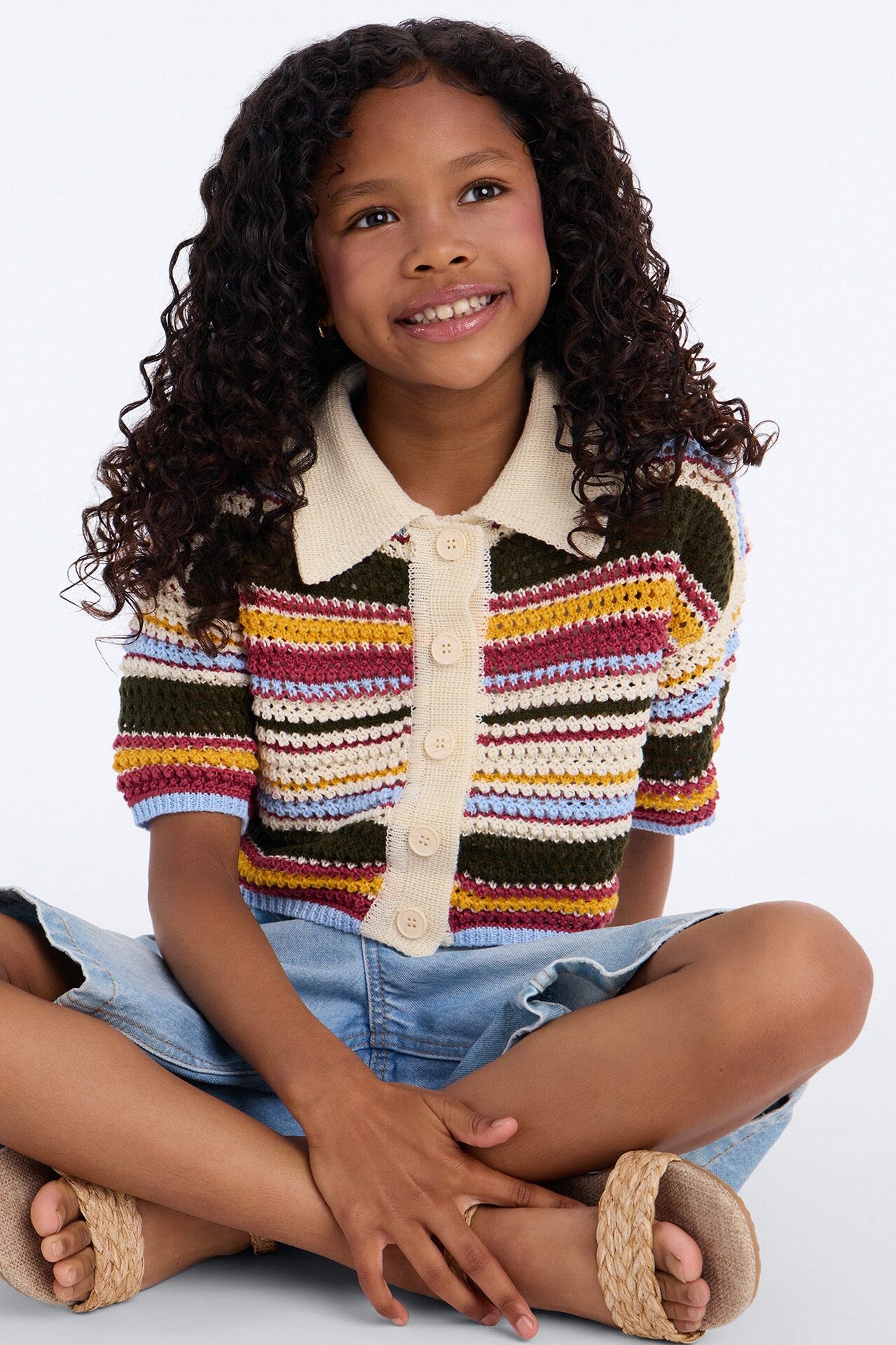 Mini Coasting Through Striped Crochet Shirt - Multi Color