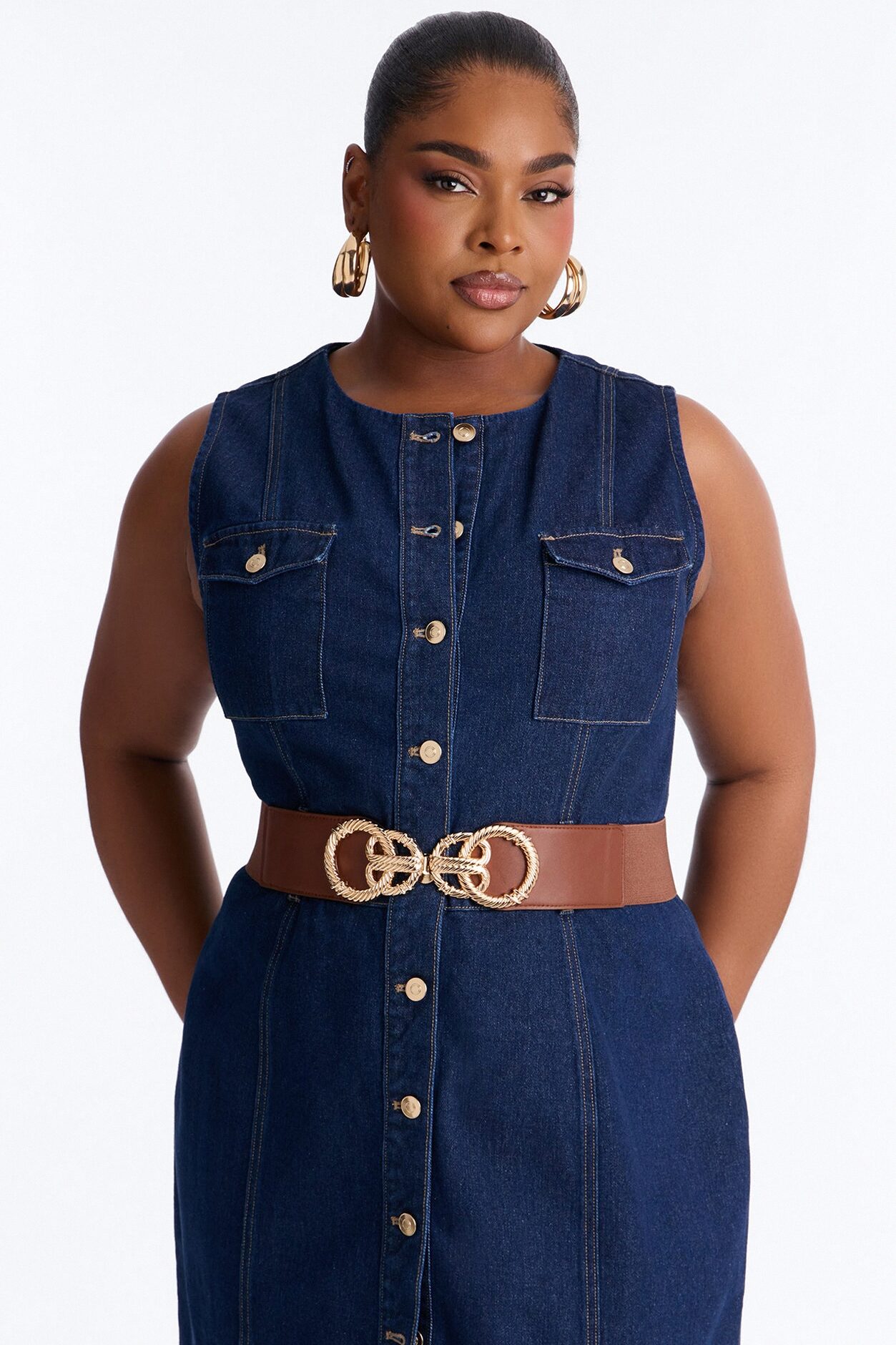 Rings And Rings Faux Leather Wide Stretch Belt - Cognac